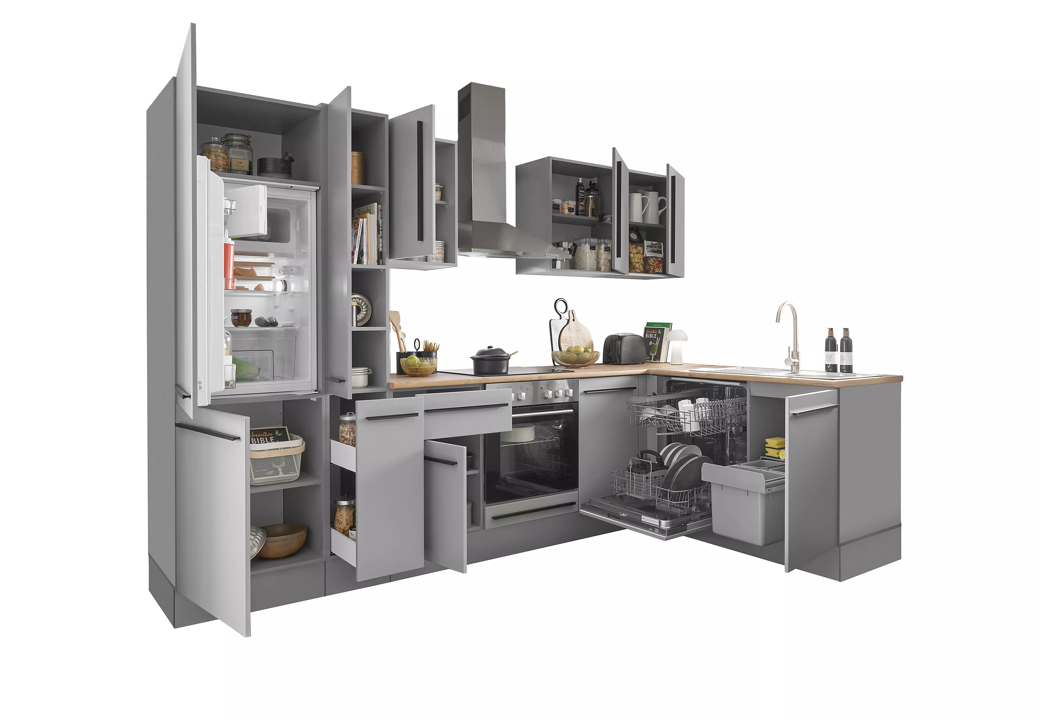 Bloc cuisine avec électroménager MANCHESTER (angle-réfrigérateur-armoire coulissante) I