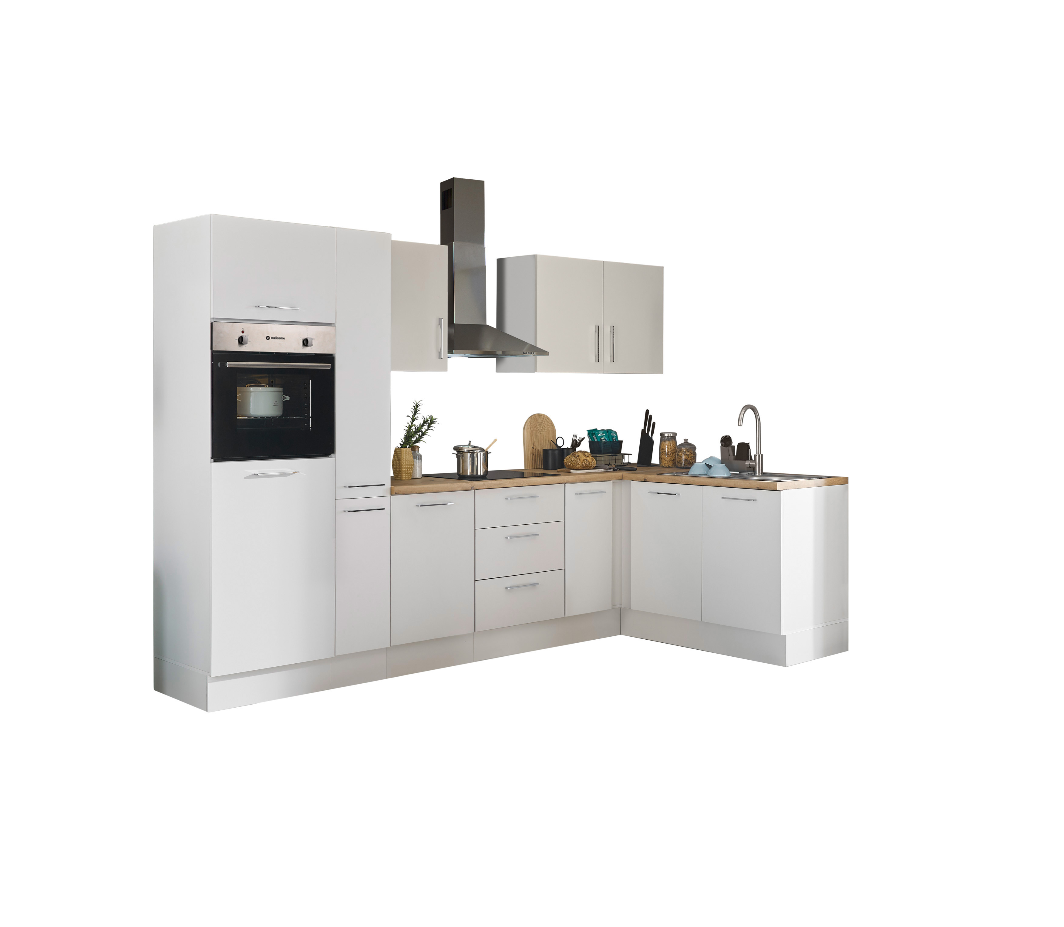 Bloc cuisine avec électroménager CORNWALL (cuisine d'angle-four-réfrigérateur-armoire coulissante) I