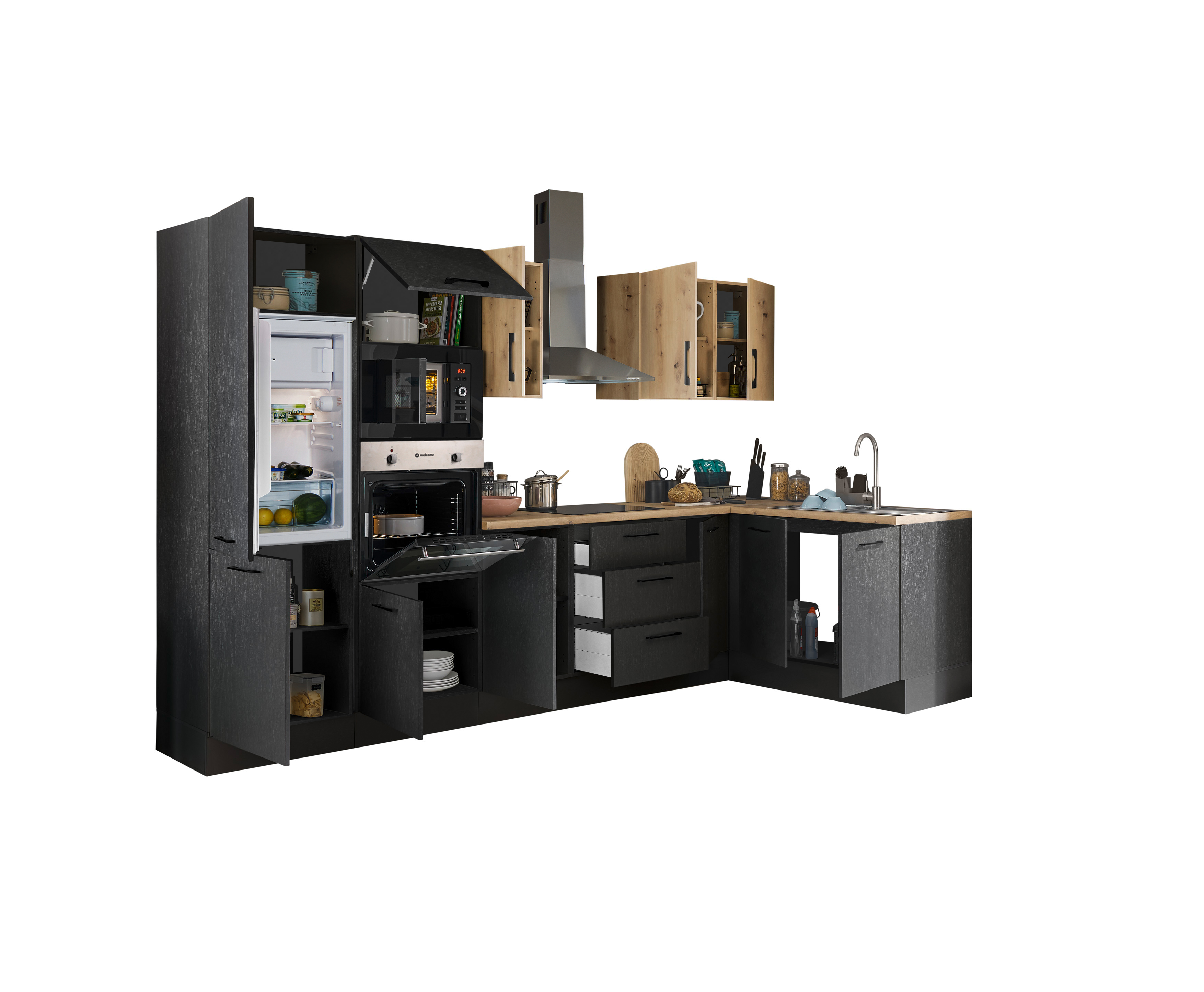 Bloc cuisine avec électroménager CORNWALL (cuisine d'angle-four-réfrigérateur-micro-ondes) III