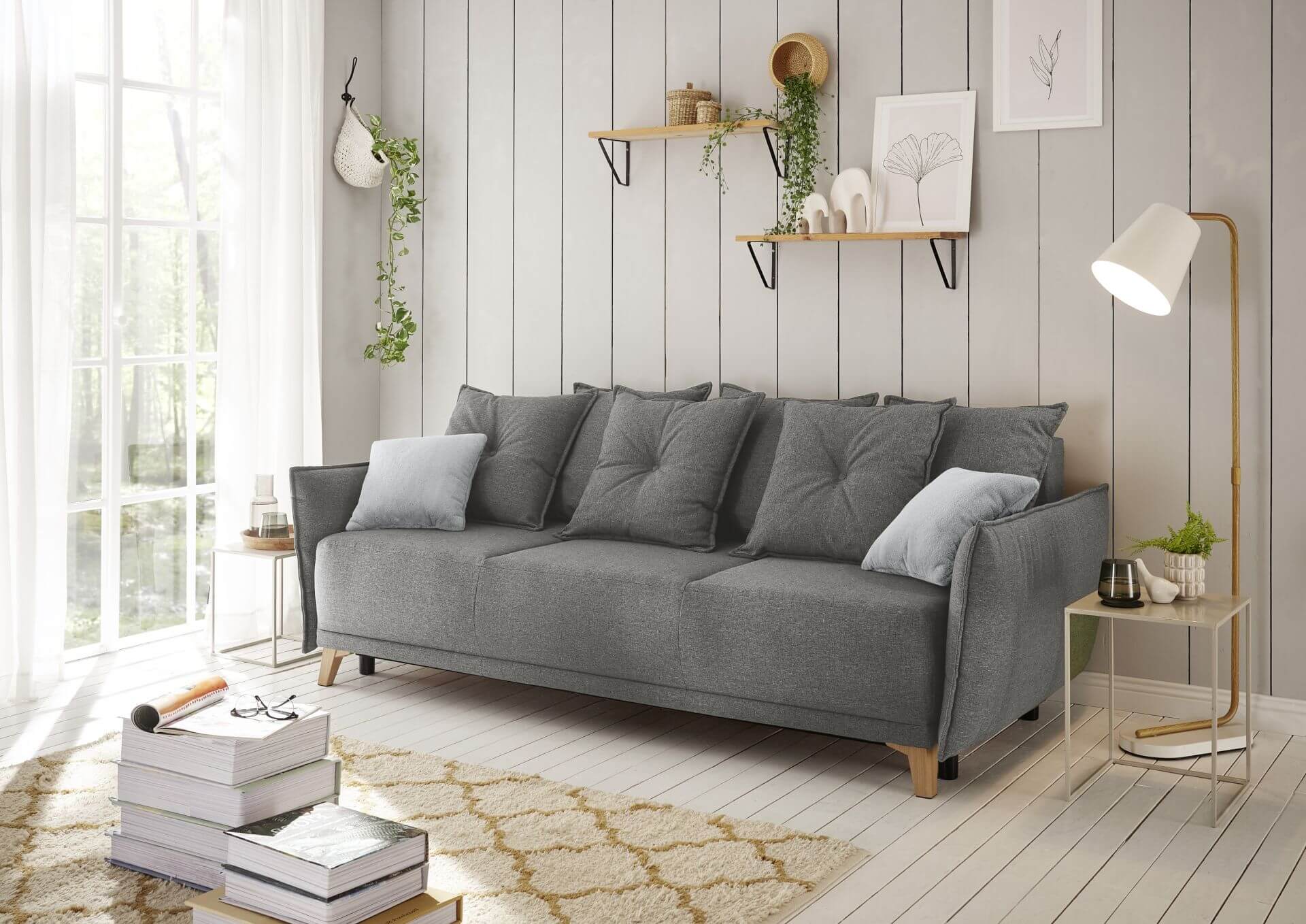Canapé-lit PAMPLONA de style cottage, couleur graphite, avec fonction sommeil 