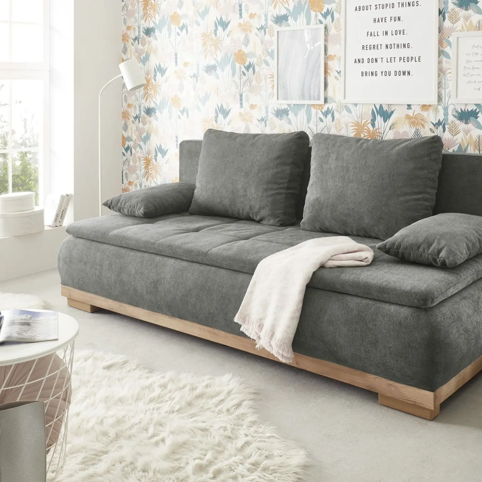 Canapé-lit gris MILA LUX.3DL avec rembourrage Bonell de qualité supérieure. L/H/P env. 208/93/105 cm