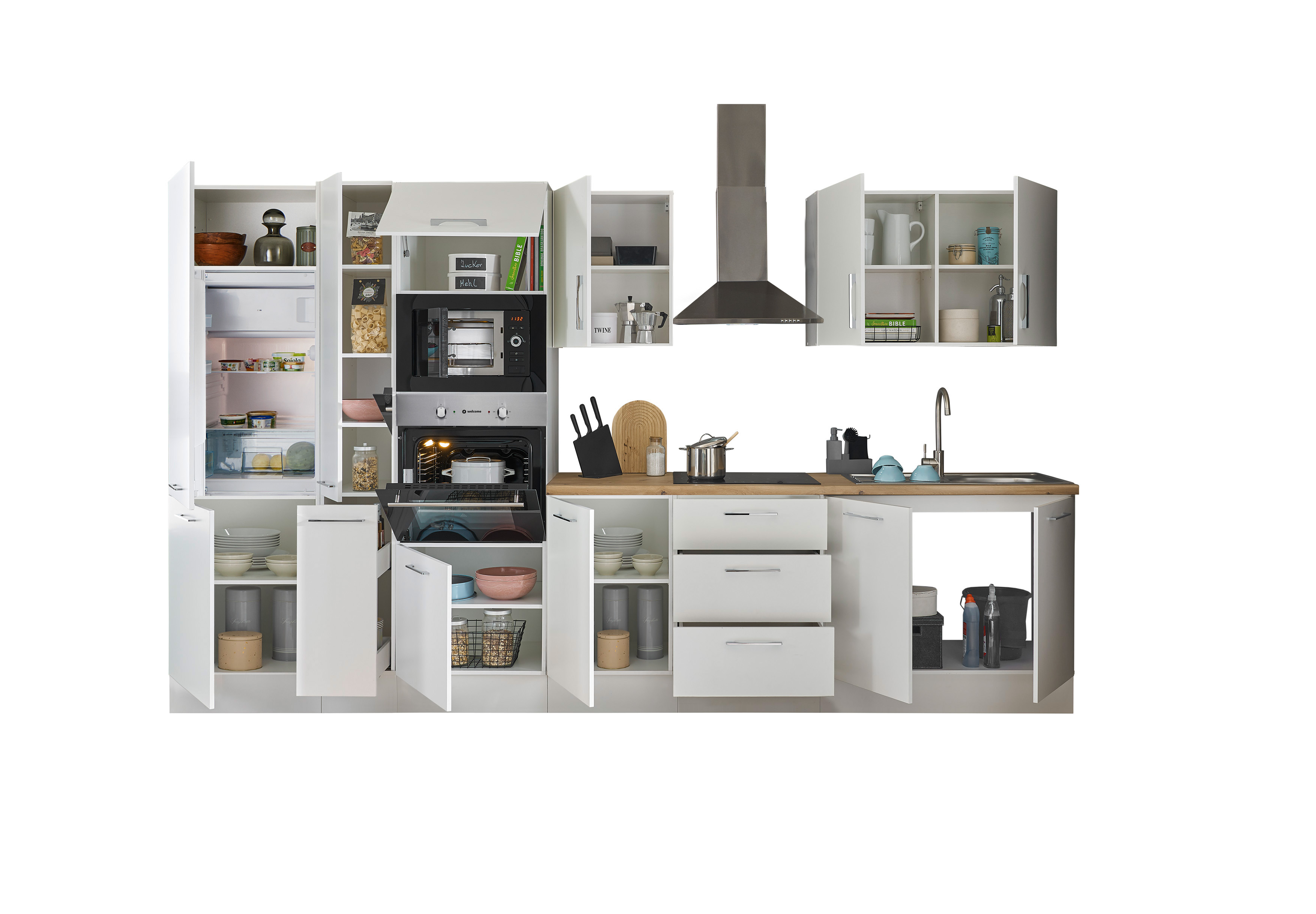 Bloc cuisine avec électroménager CORNWALL (bloc cuisine-four-réfrigérateur-micro-ondes-armoire coulissante) I