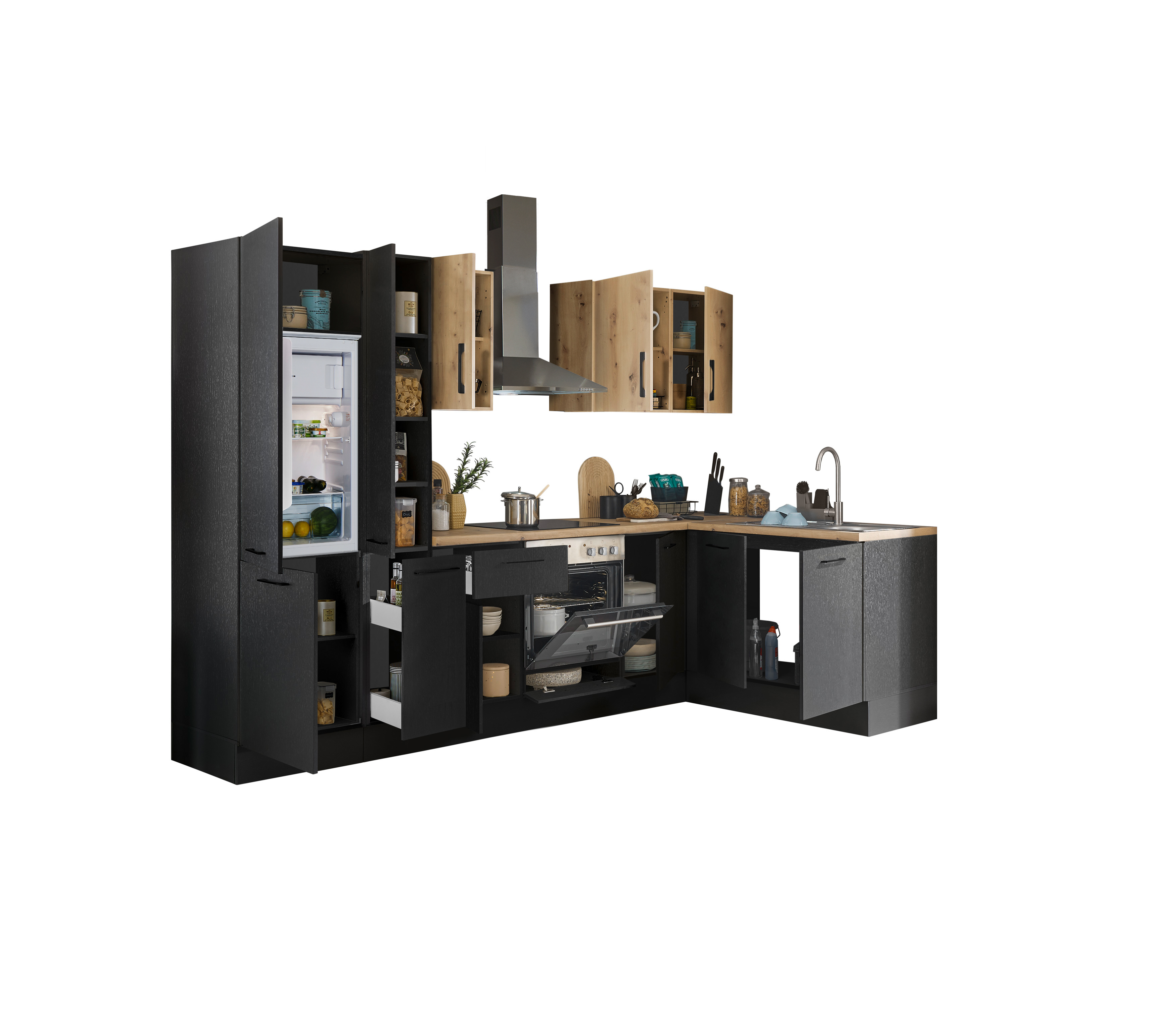 Bloc cuisine avec électroménager CORNWALL (cuisine d'angle-réfrigérateur-armoire coulissante) III
