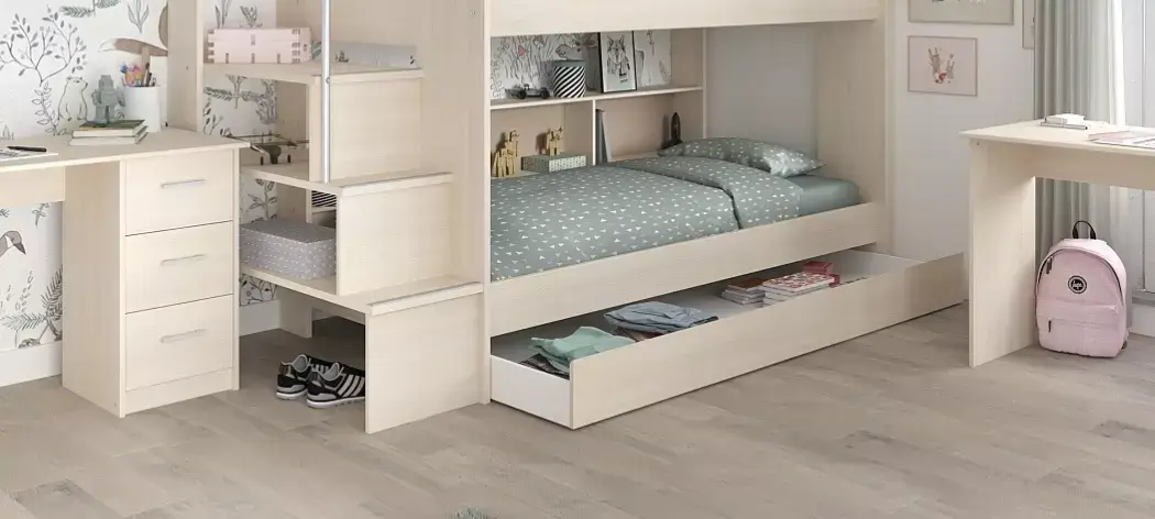 Lit superposé avec tiroir de lit et 2 bureaux BIBOP 73 en imitation bois d'acacia