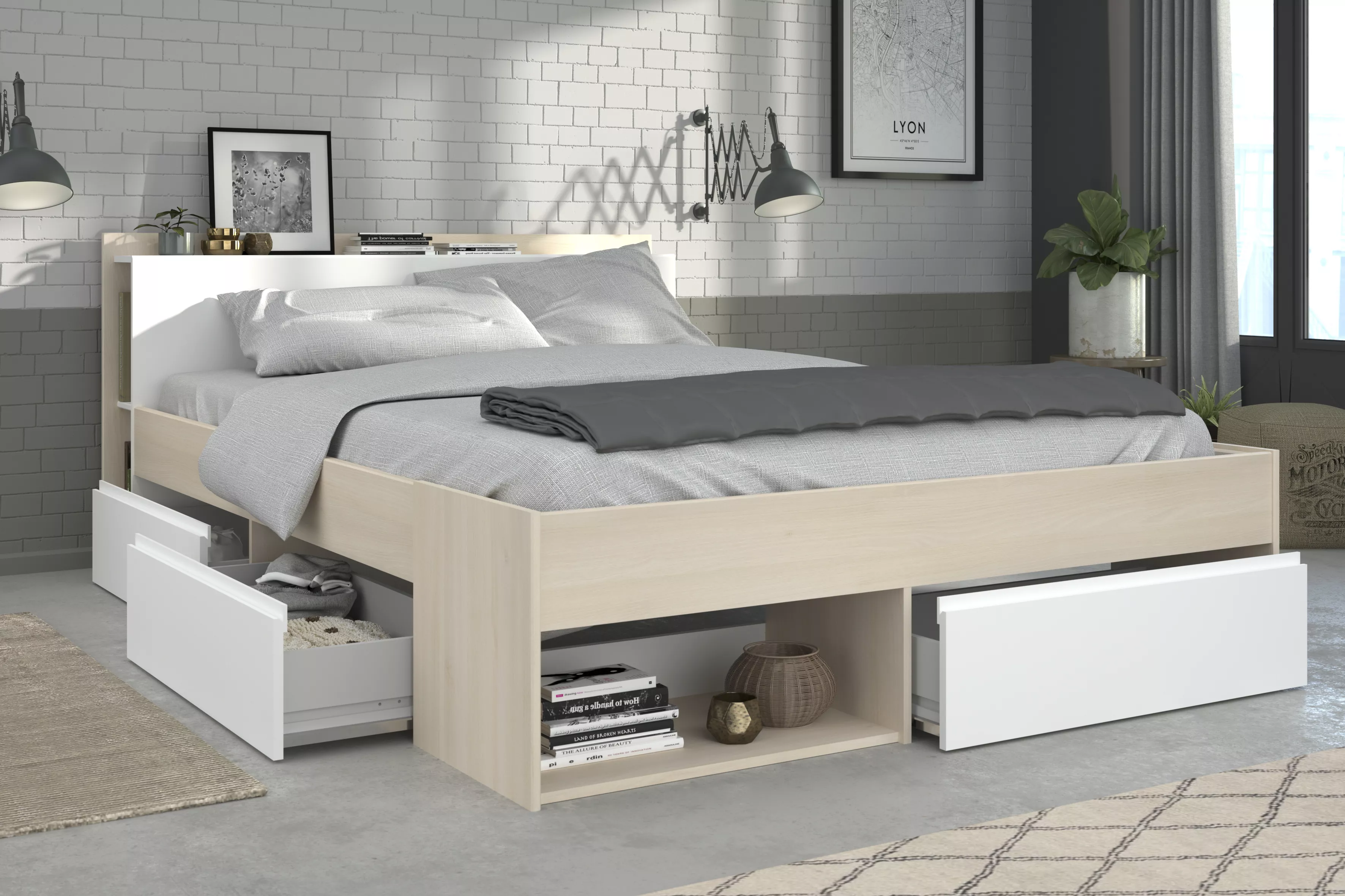 Lit 160 cm avec rangement, armoire, bureau et commode MOST 76
