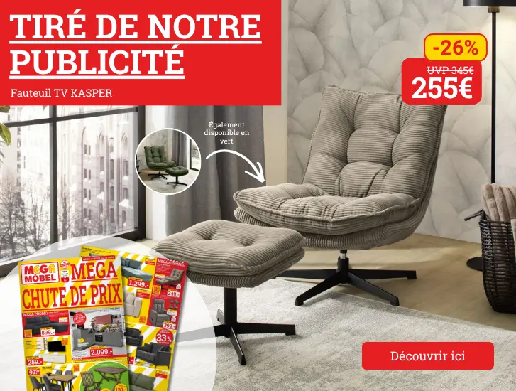 Extrait de notre publicité ! Fauteuil relax KASPER à un prix imbattable.  Découvrez-le ici >