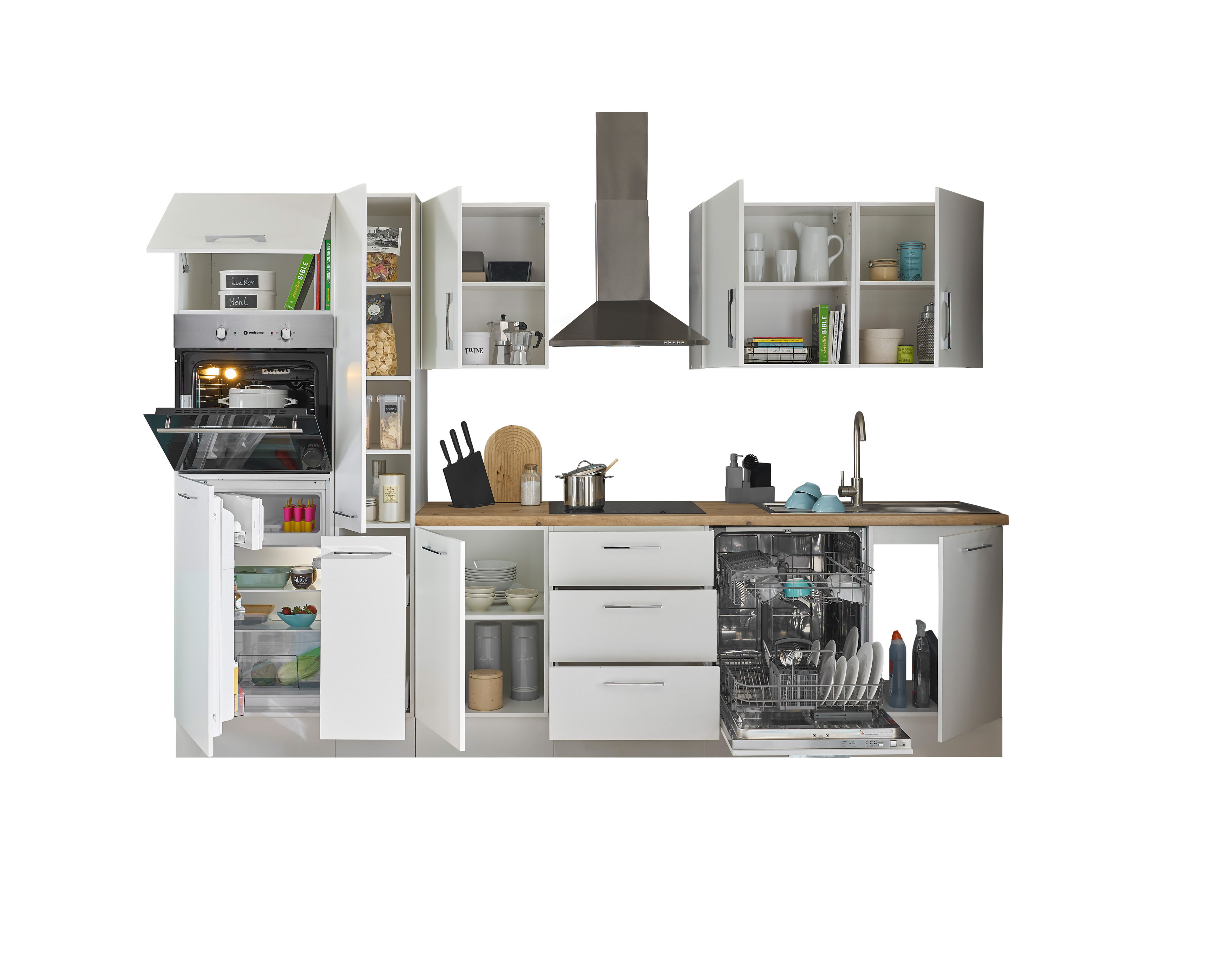 Bloc cuisine avec électroménager CORNWALL  (bloc cuisine-four-lave-vaisselle-réfrigérateur-armoire coulissante) I