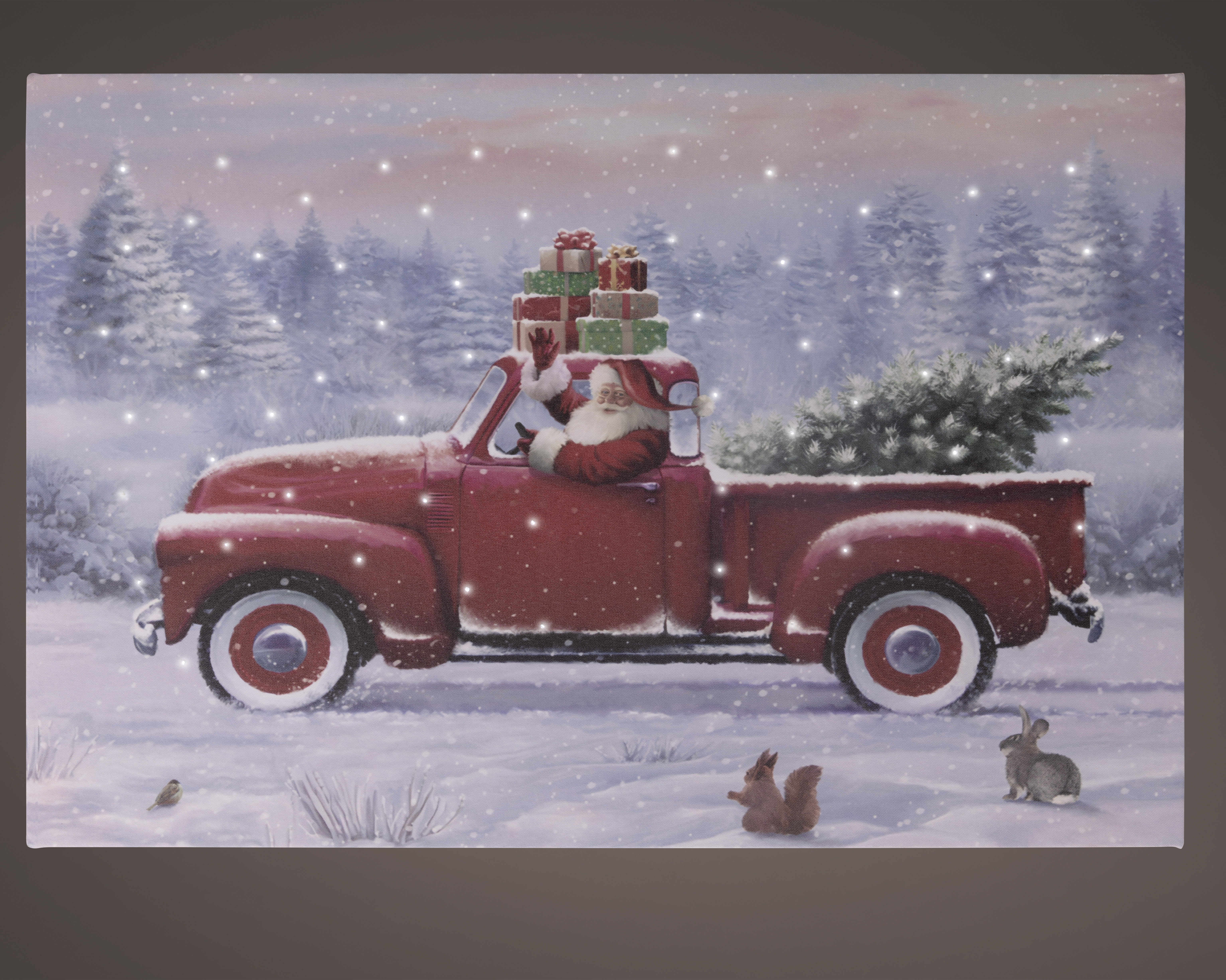 Toile Père Noël en voiture avec LED flash CHRISTMAS