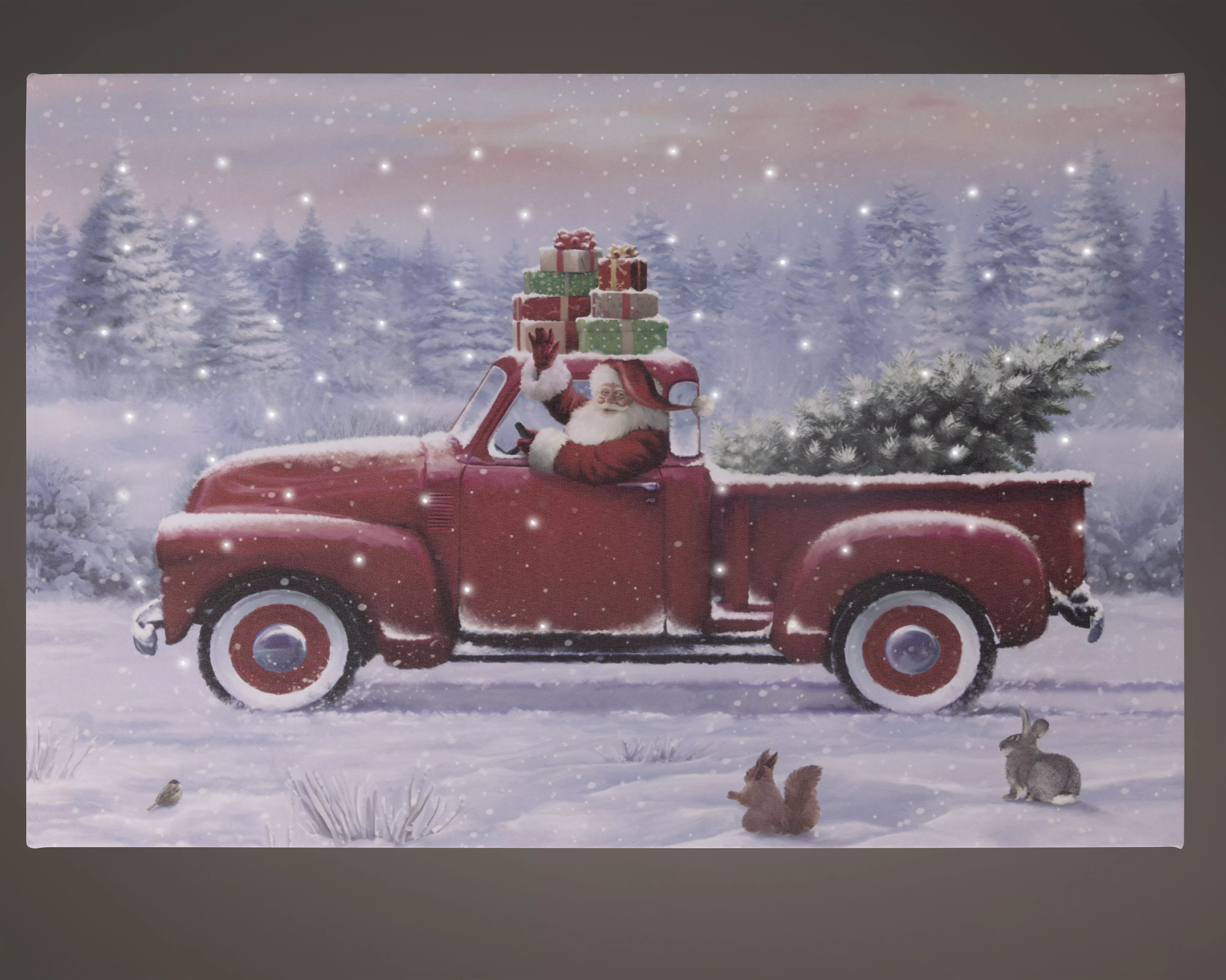 Toile Père Noël en voiture avec LED flash CHRISTMAS