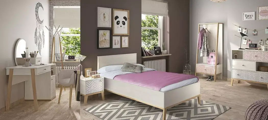 Chambre d'adolescent 6 pièces avec lit de 90 ALIKA 2 Chambre d'adolescent 6 pièces avec lit de 90 ALIKA 2 en imitation bois de châtaignier blanchi