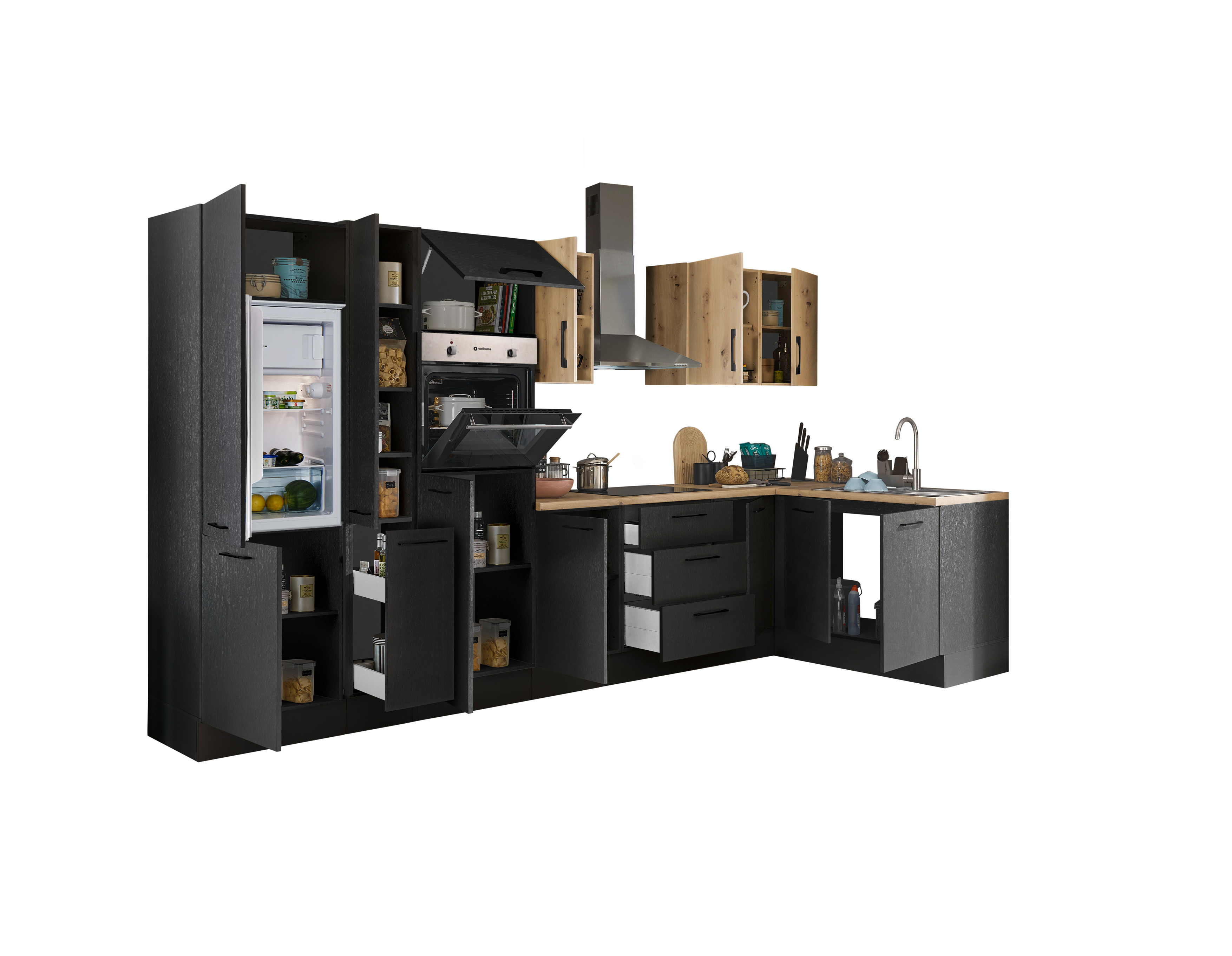 Bloc cuisine avec électroménager CORNWALL (cuisine d'angle-four-réfrigérateur-armoire coulissante) VII