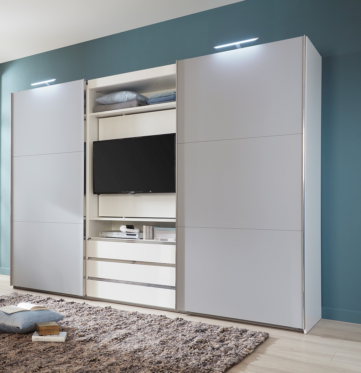 Armoire à portes coulissantes avec support TV intégré MAGIC, Light Grey -  ton blanc