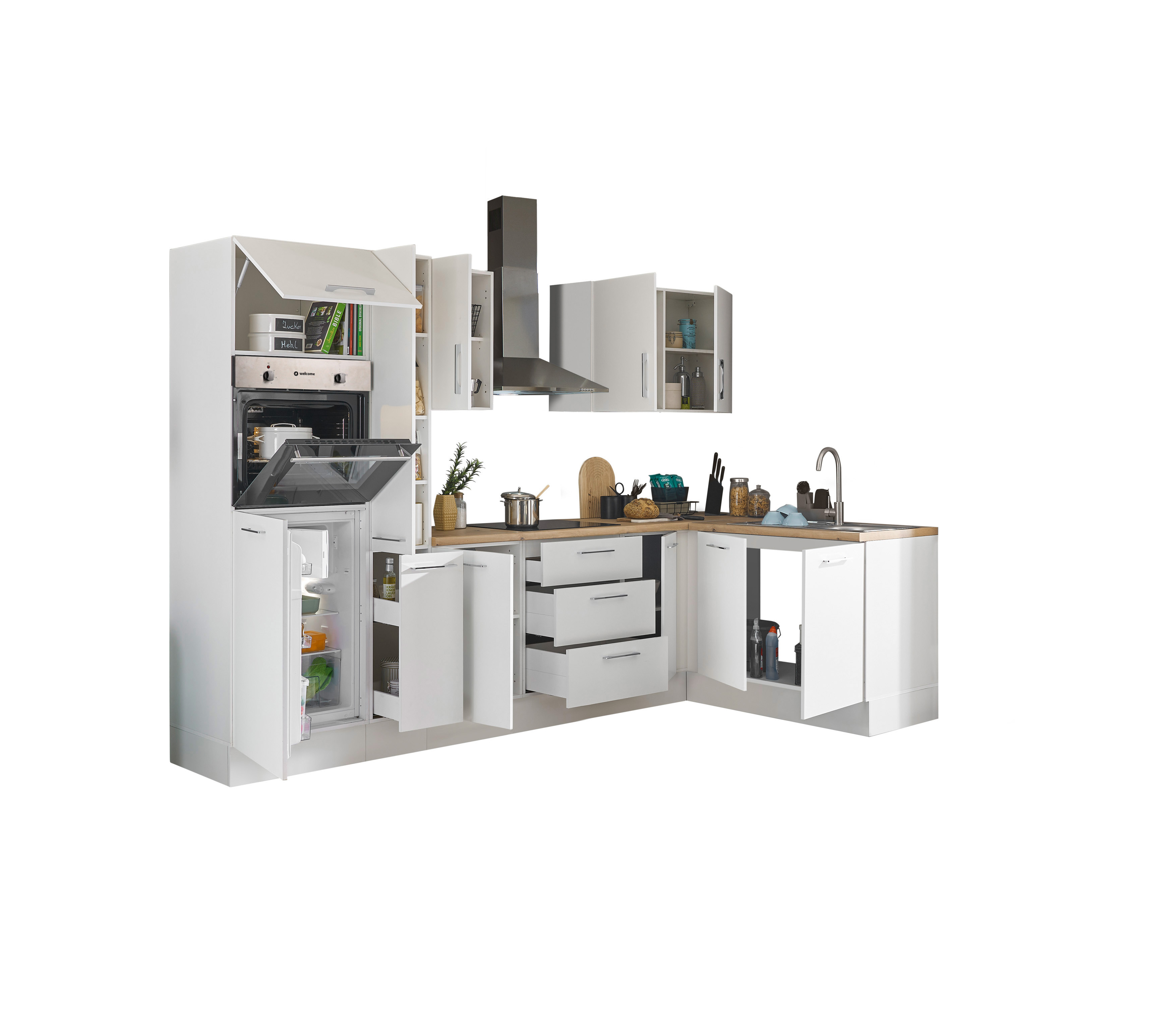 Bloc cuisine avec électroménager CORNWALL (cuisine d'angle-four-réfrigérateur-armoire coulissante) I