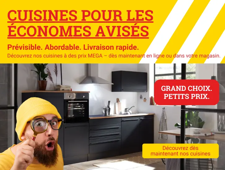 Des cuisines pour les économes avisés ! Découvrez nos cuisines à des prix MEGA – dès maintenant en ligne ou dans votre magasin.