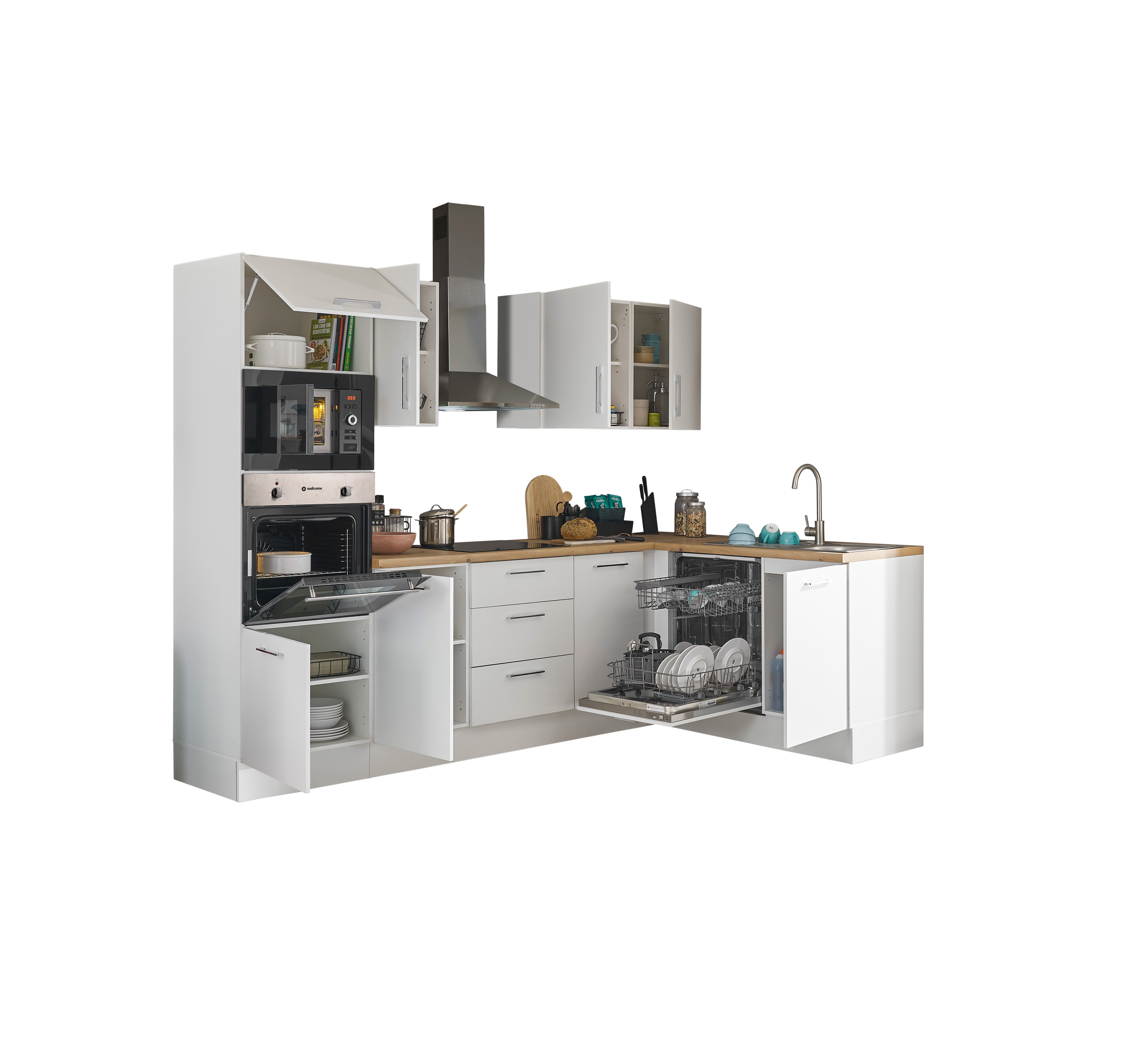 Bloc cuisine avec électroménager CORNWALL (cuisine d'angle-four-lave-vaisselle-micro-ondes) I