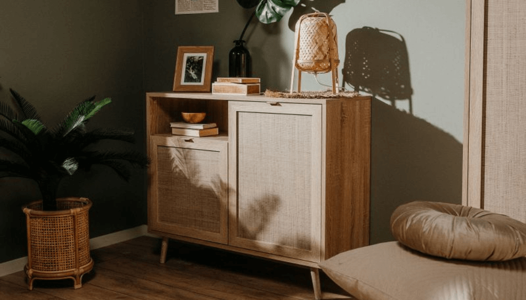 Commode BALI, imitation bois de chêne Sonoma / imprimé Rafia tressé, L/H/P env. 101,5/87/40 cm Commode BALI, imitation bois de chêne Sonoma / imprimé Rafia tressé, L/H/P env. 101,5/87/40 cm