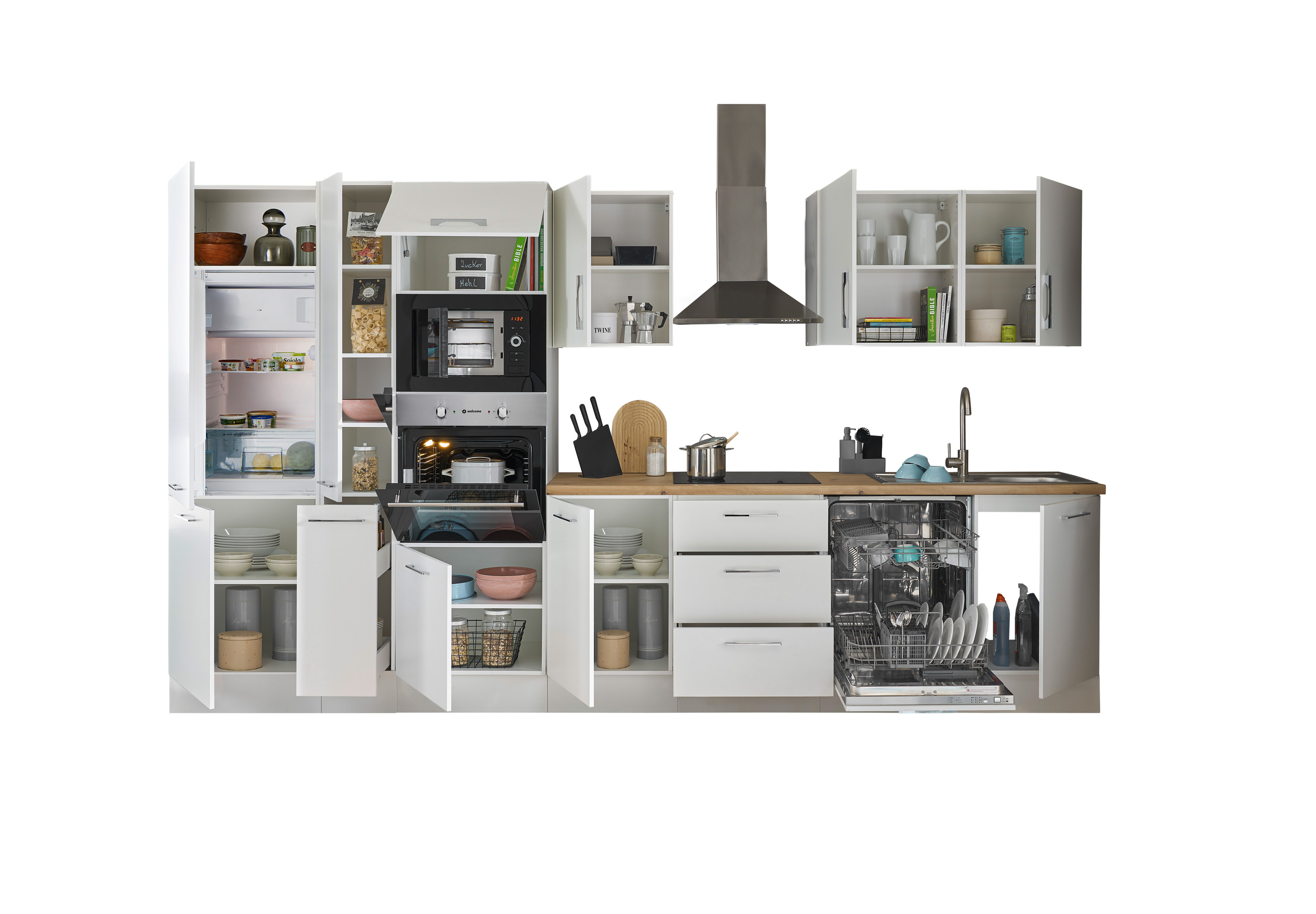 Bloc cuisine avec électroménager CORNWALL (bloc cuisine-four-lave-vaisselle-réfrigérateur-micro-ondes-armoire coulissante) I