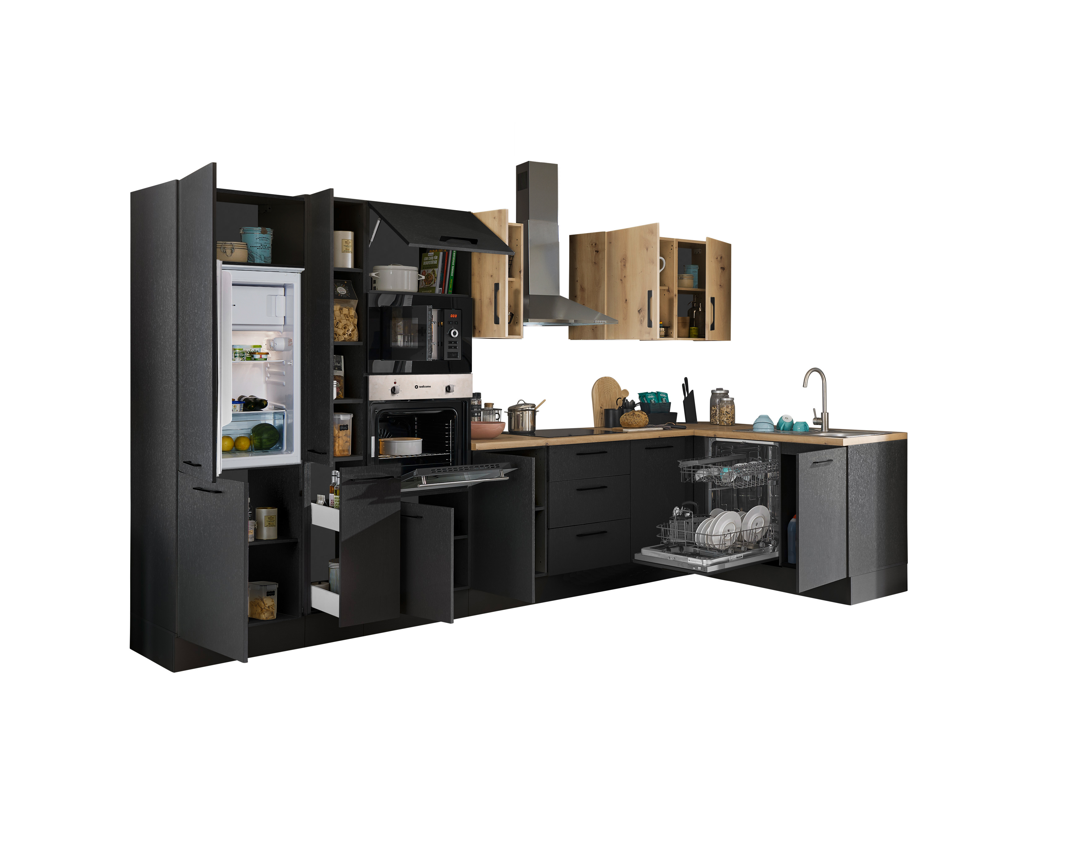 Bloc cuisine avec électroménager CORNWALL (cuisine d'angle-four-lave-vaisselle-réfrigérateur-micro-ondes-armoire coulissante) III