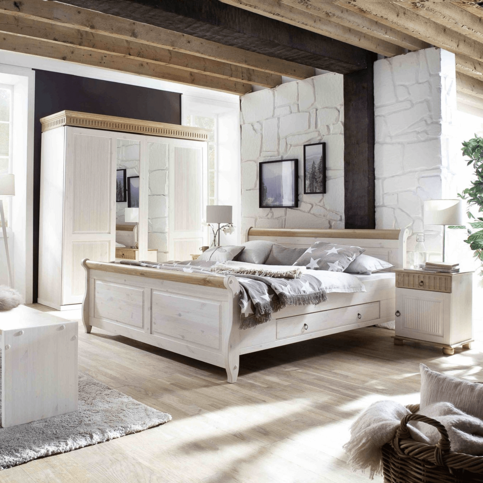 Lit 180x200cm MALTA, pin massif ton blanc / antique