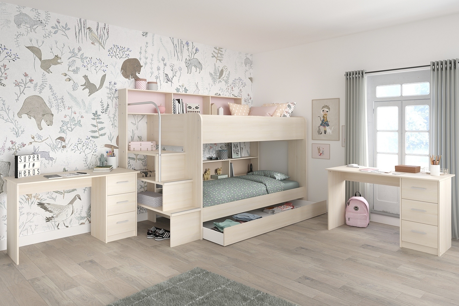 Lit superposé avec tiroir de lit et 2 bureaux BIBOP 73
