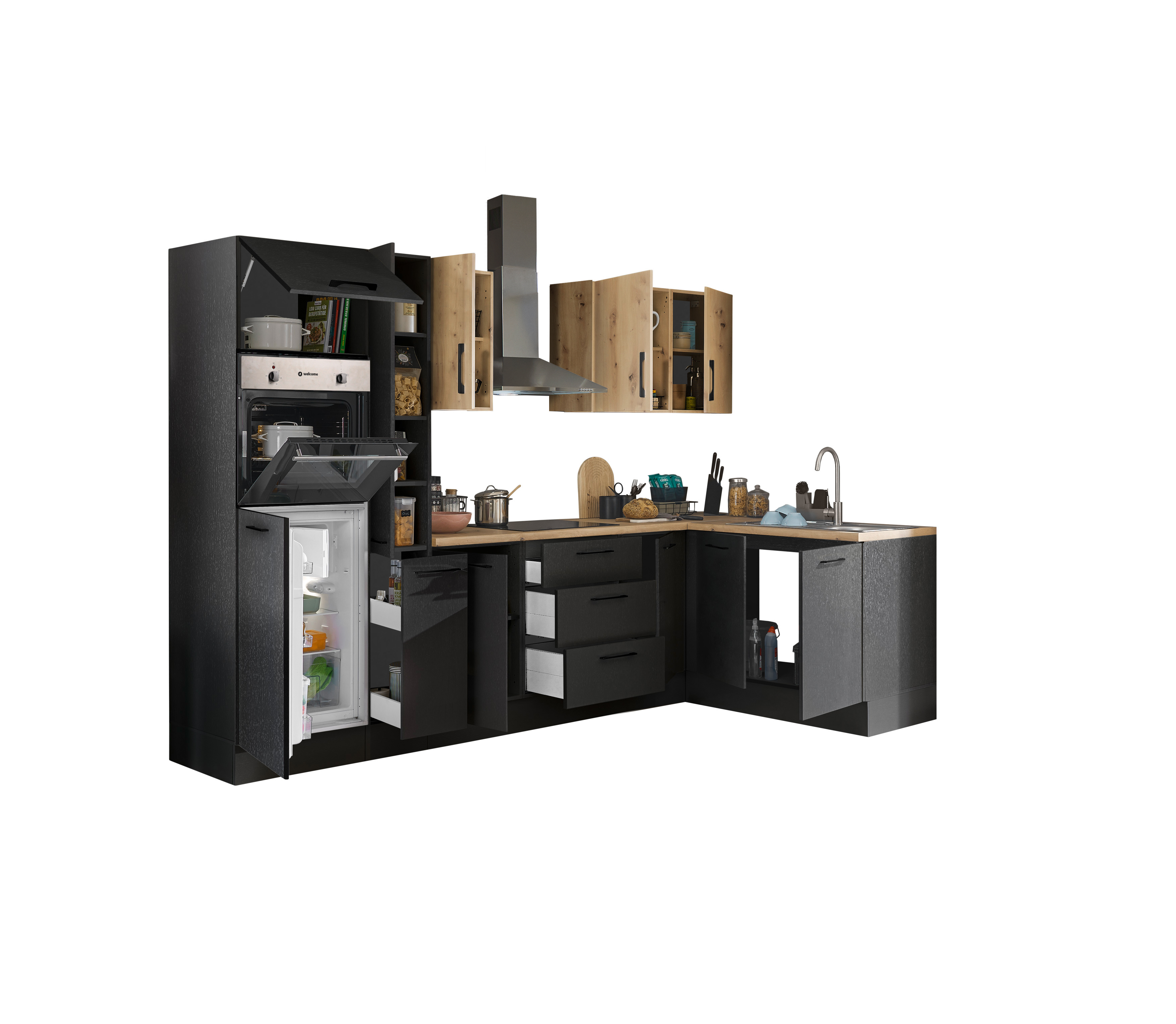 Bloc cuisine avec électroménager CORNWALL (cuisine d'angle-four-réfrigérateur-armoire coulissante) V