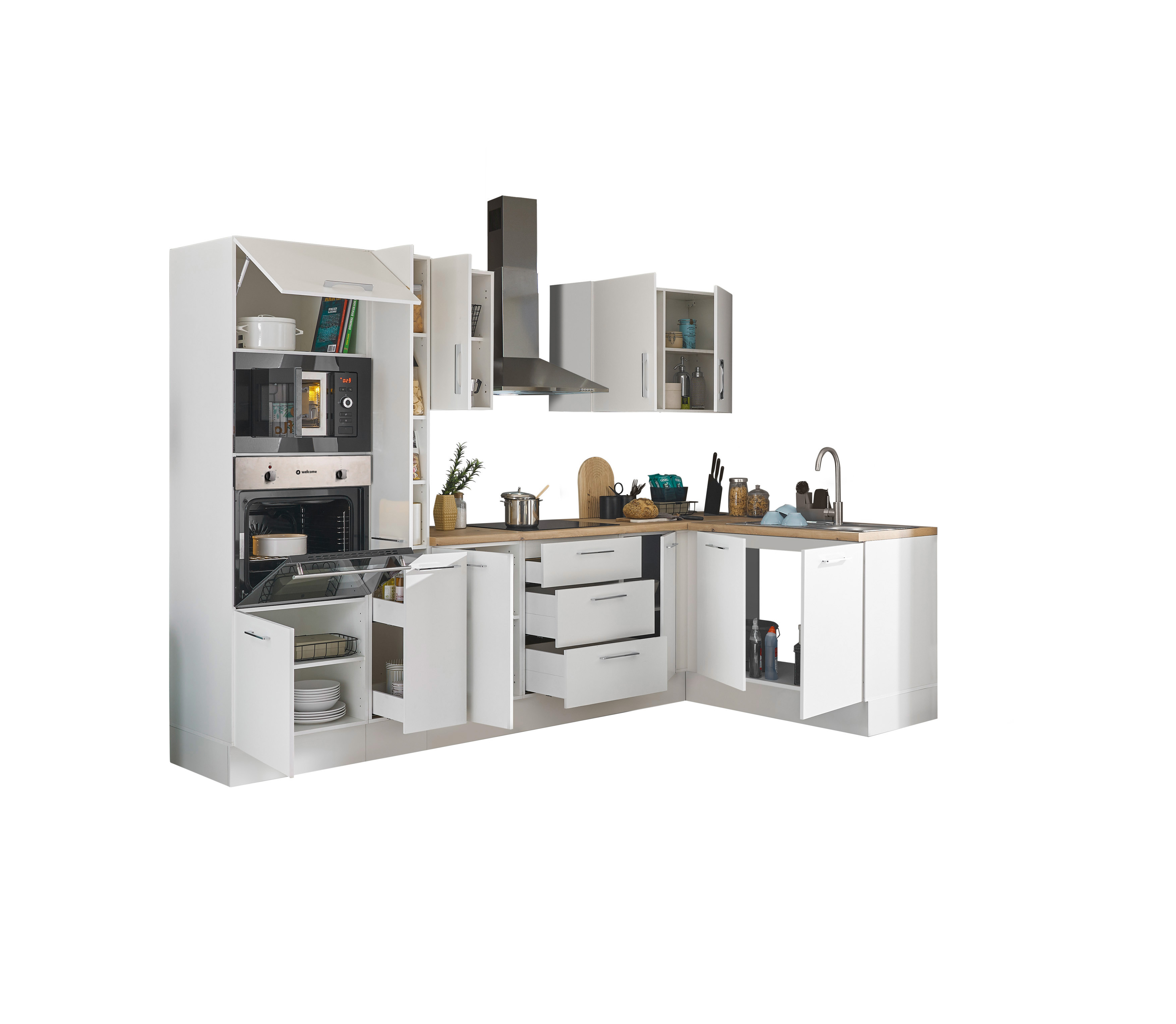 Bloc cuisine avec électroménager CORNWALL (cuisine d'angle-four-micro-ondes-armoire coulissante) I