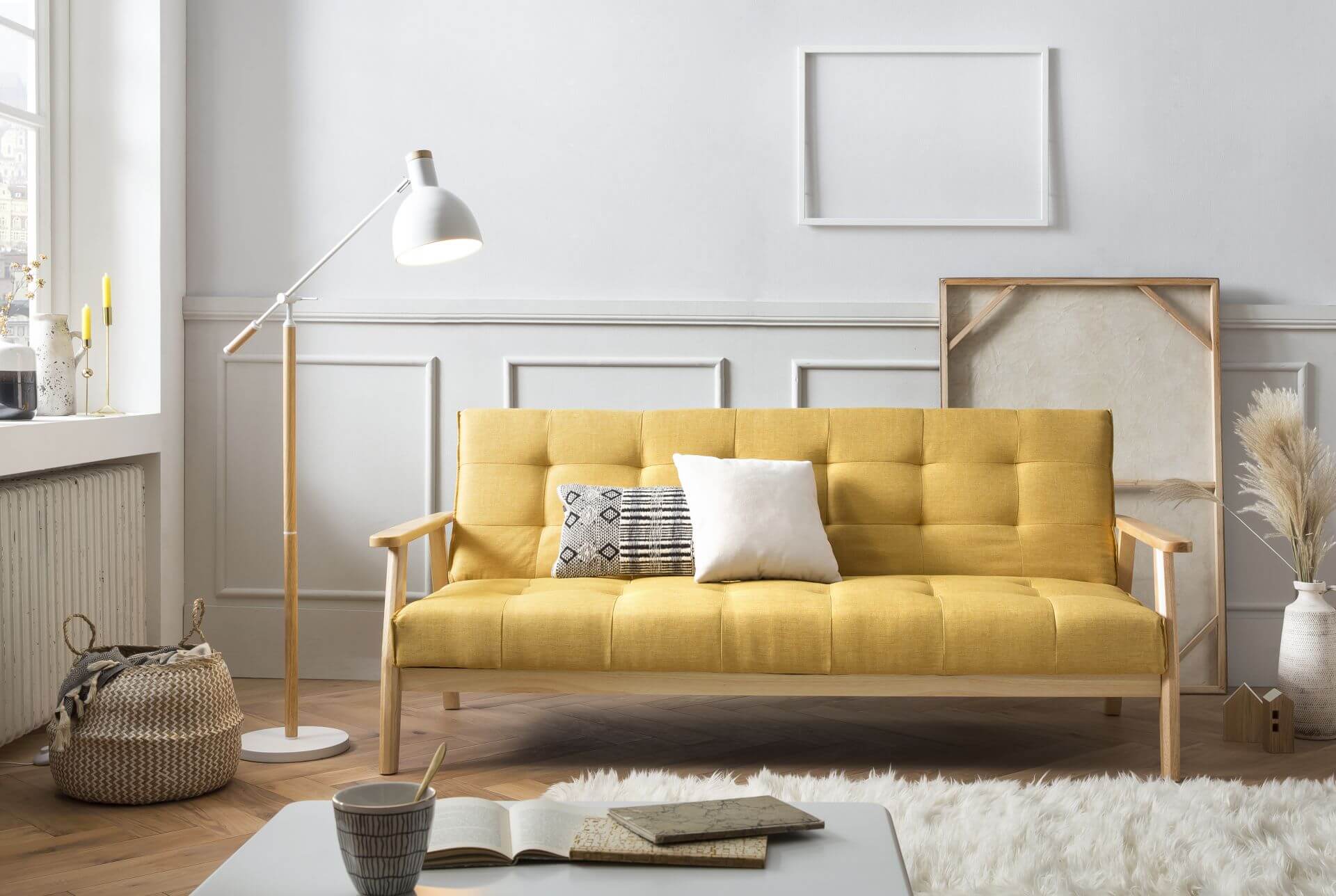 Canapé-lit 3 places SALESFEVER de style scandinave, couleur jaune moutarde, avec fonction relax, inclinable à 60