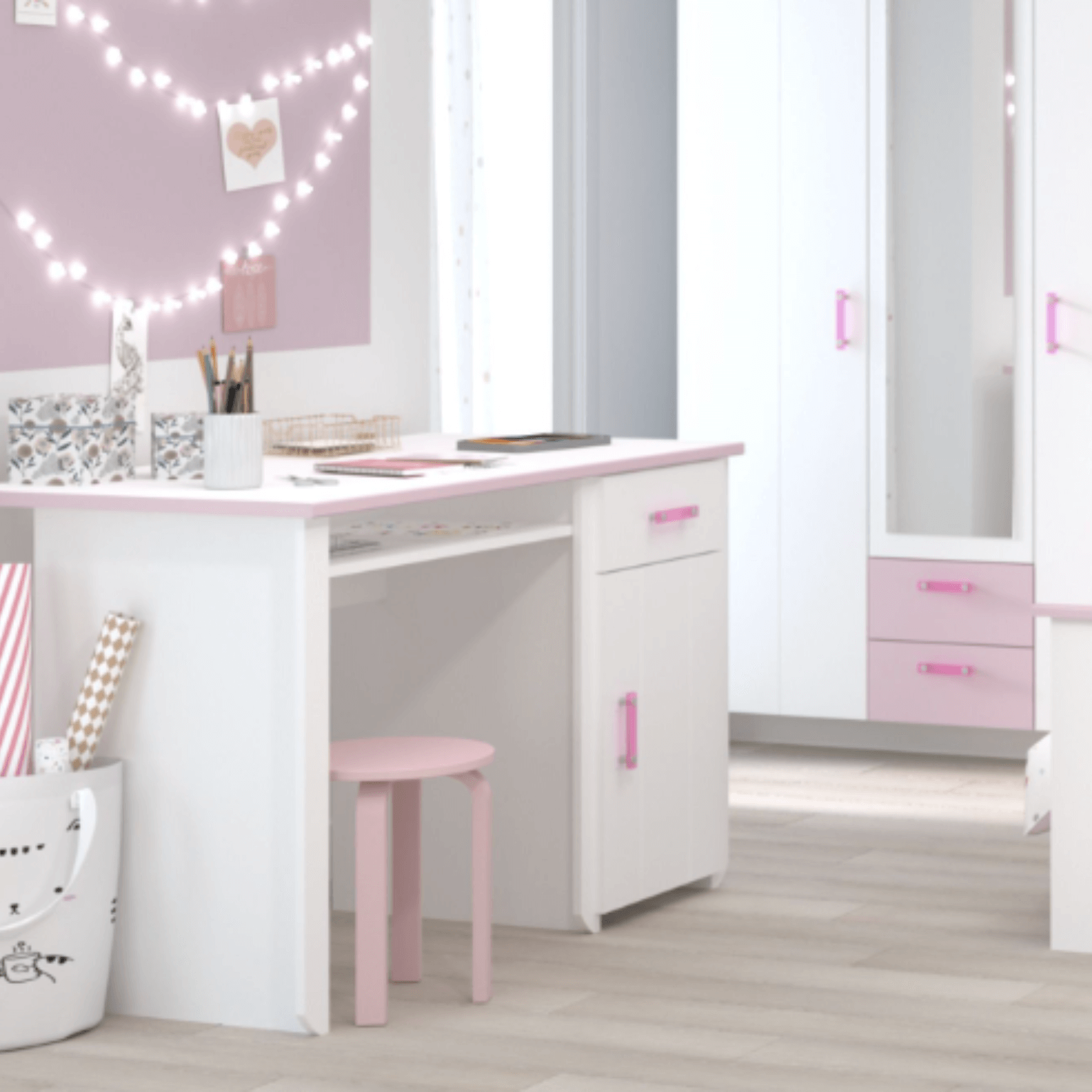 Chambre d'enfant combinée BIOTIFUL 13, ton blanc et rose