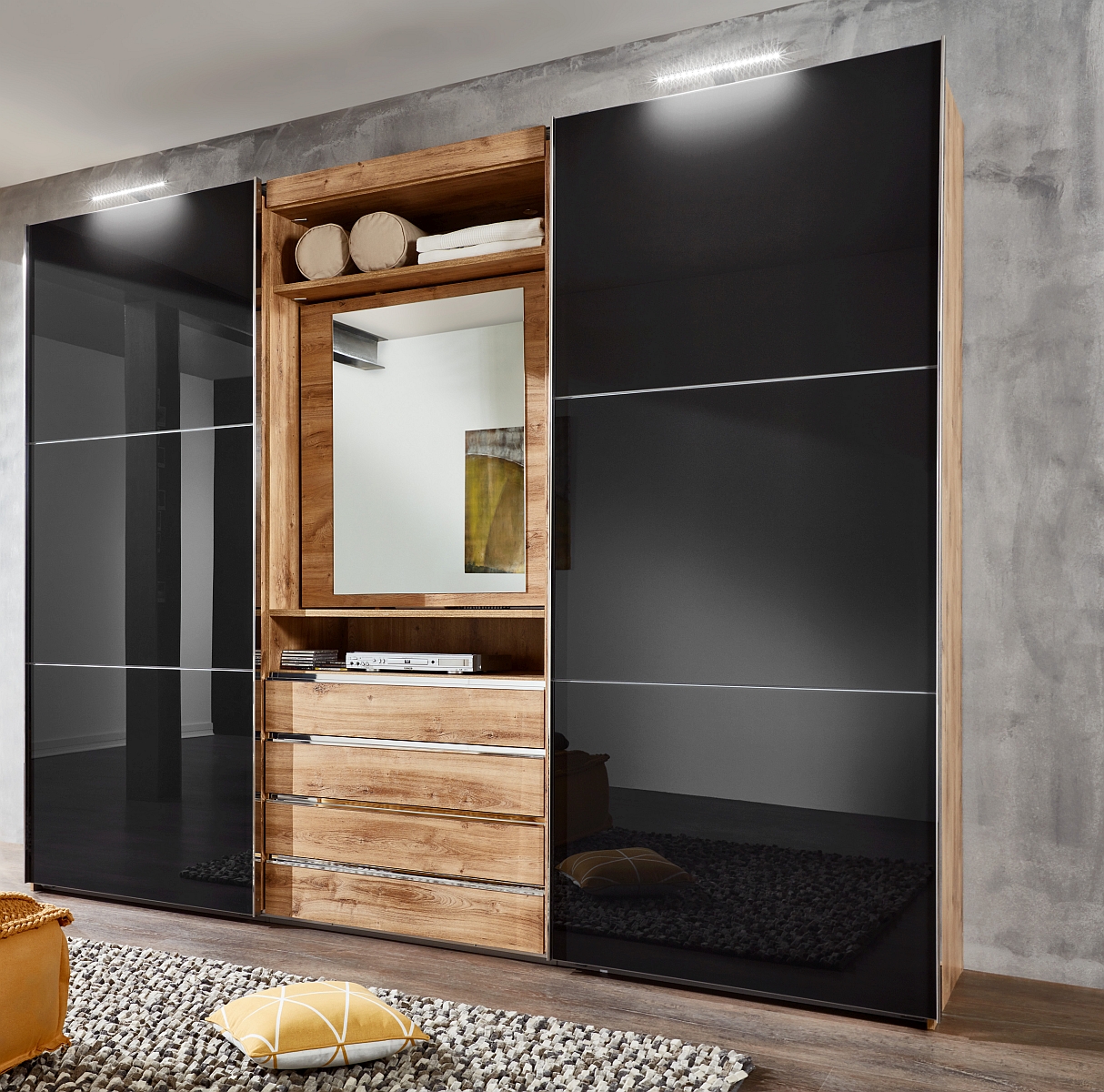 Armoire à portes coulissantes avec miroir pivotant intégré MAGIC GLAS verre ton grey