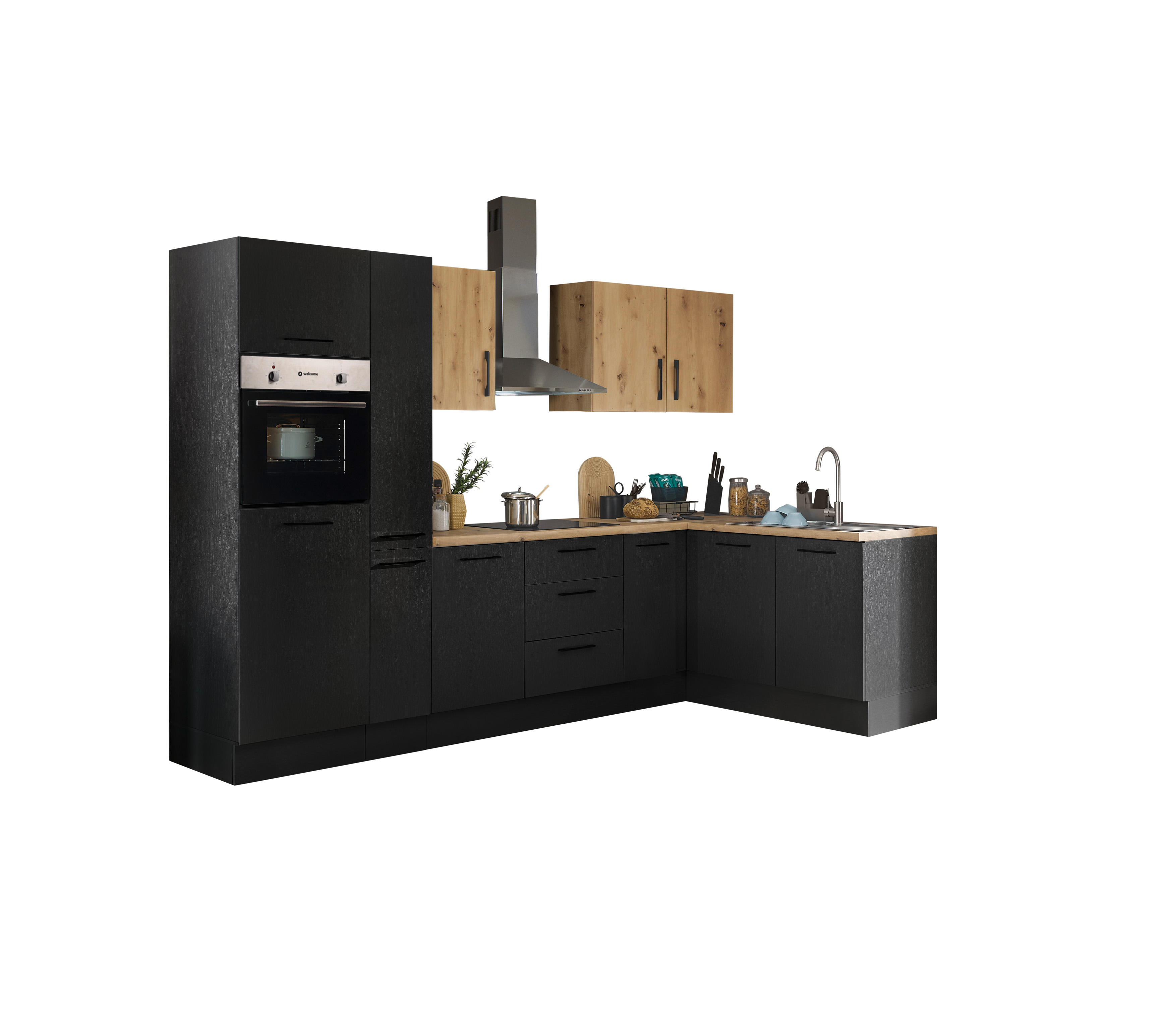 Bloc cuisine avec électroménager CORNWALL (cuisine d'angle-four-réfrigérateur-armoire coulissante) V Bloc cuisine avec électroménager CORNWALL (cuisine d'angle-four-réfrigérateur-armoire coulissante) V