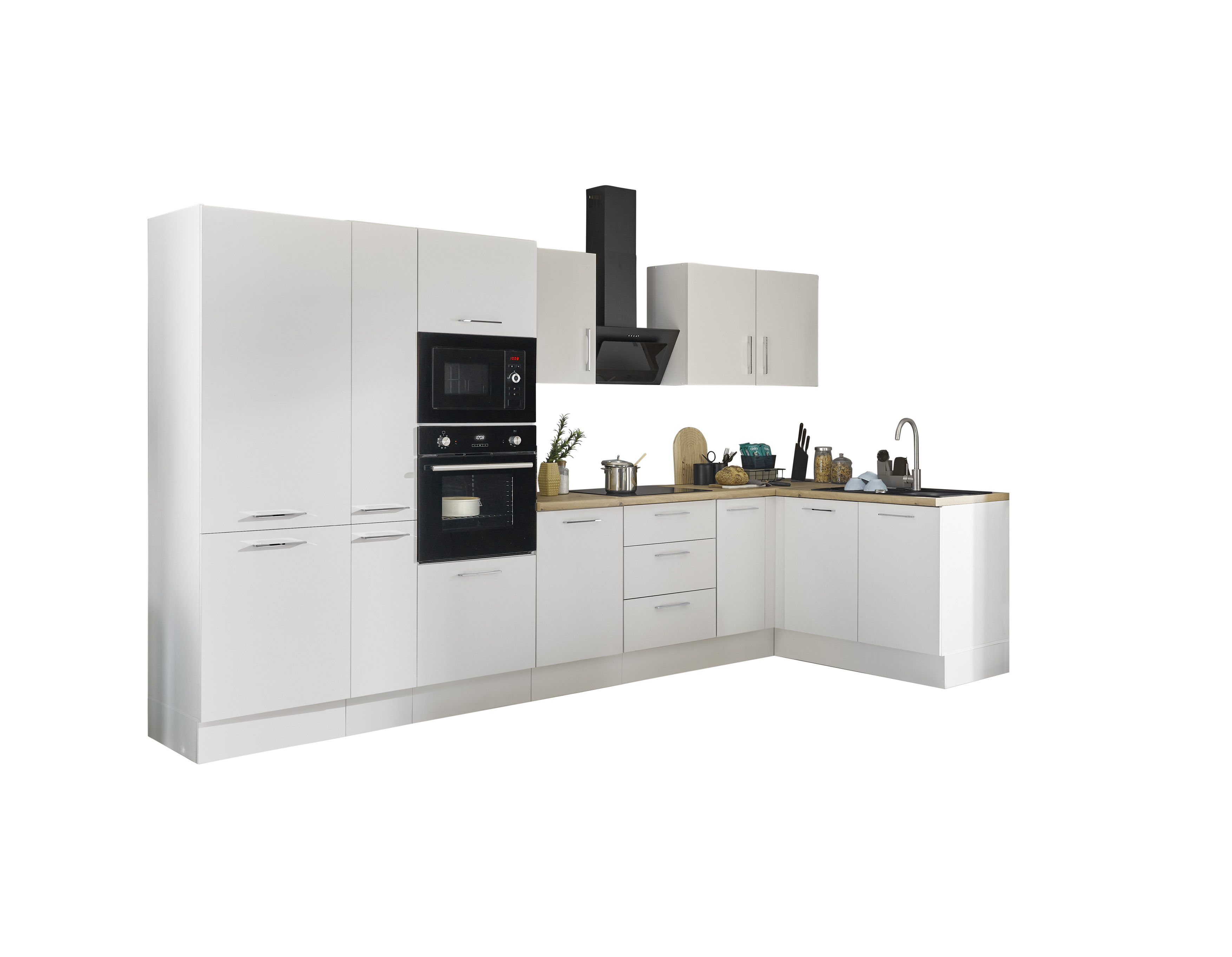 Bloc cuisine avec électroménager CORNWALL (cuisine d'angle-four-réfrigérateur-micro-ondes-armoire coulissante) II