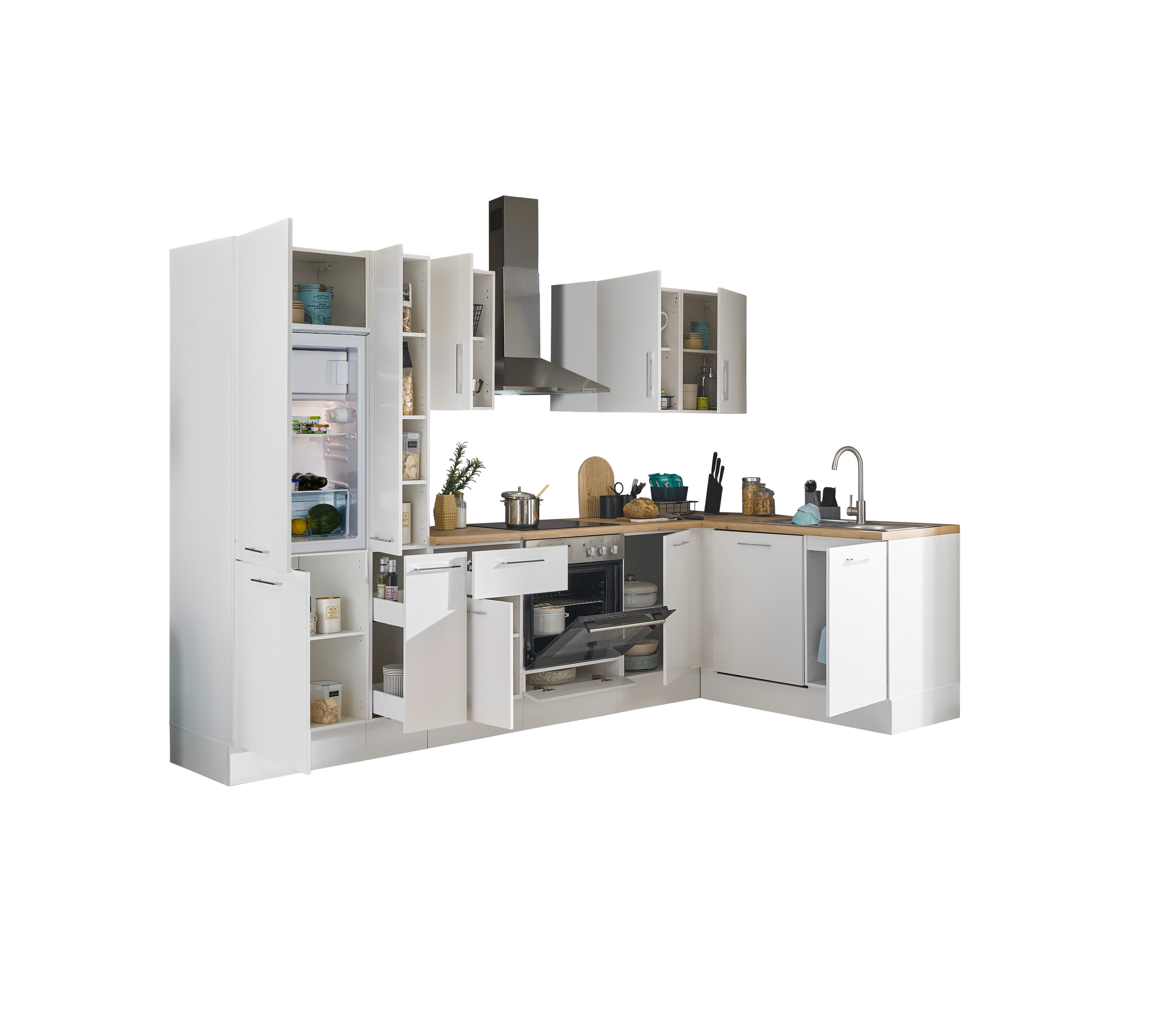 Bloc cuisine avec électroménager CORNWALL (cuisine d'angle-lave-vaisselle-réfrigérateur-armoire coulissante) I