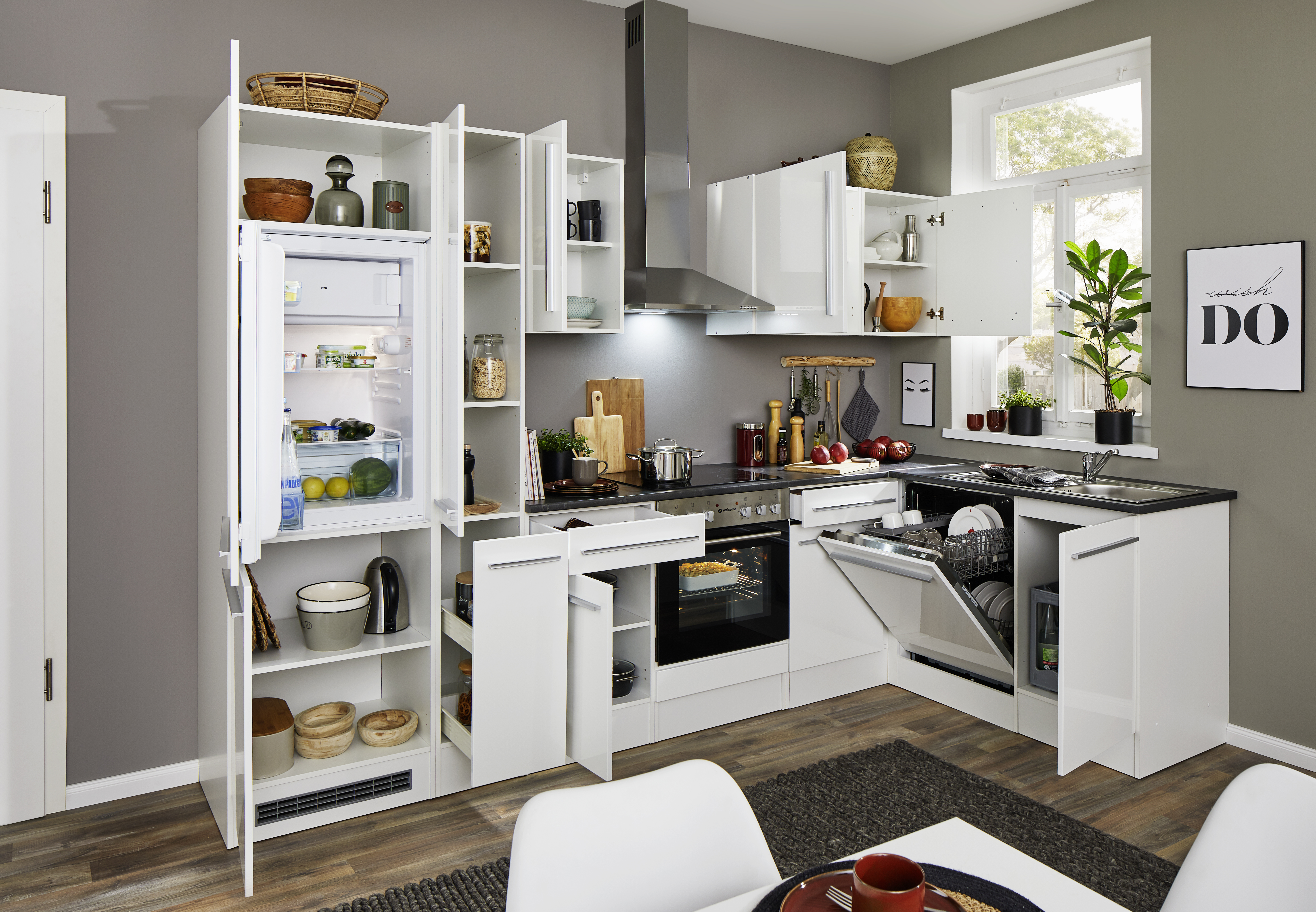 Bloc cuisine avec électroménager JAZZ 8 (cuisine d'angle-réfrigérateur-armoire coulissante) I