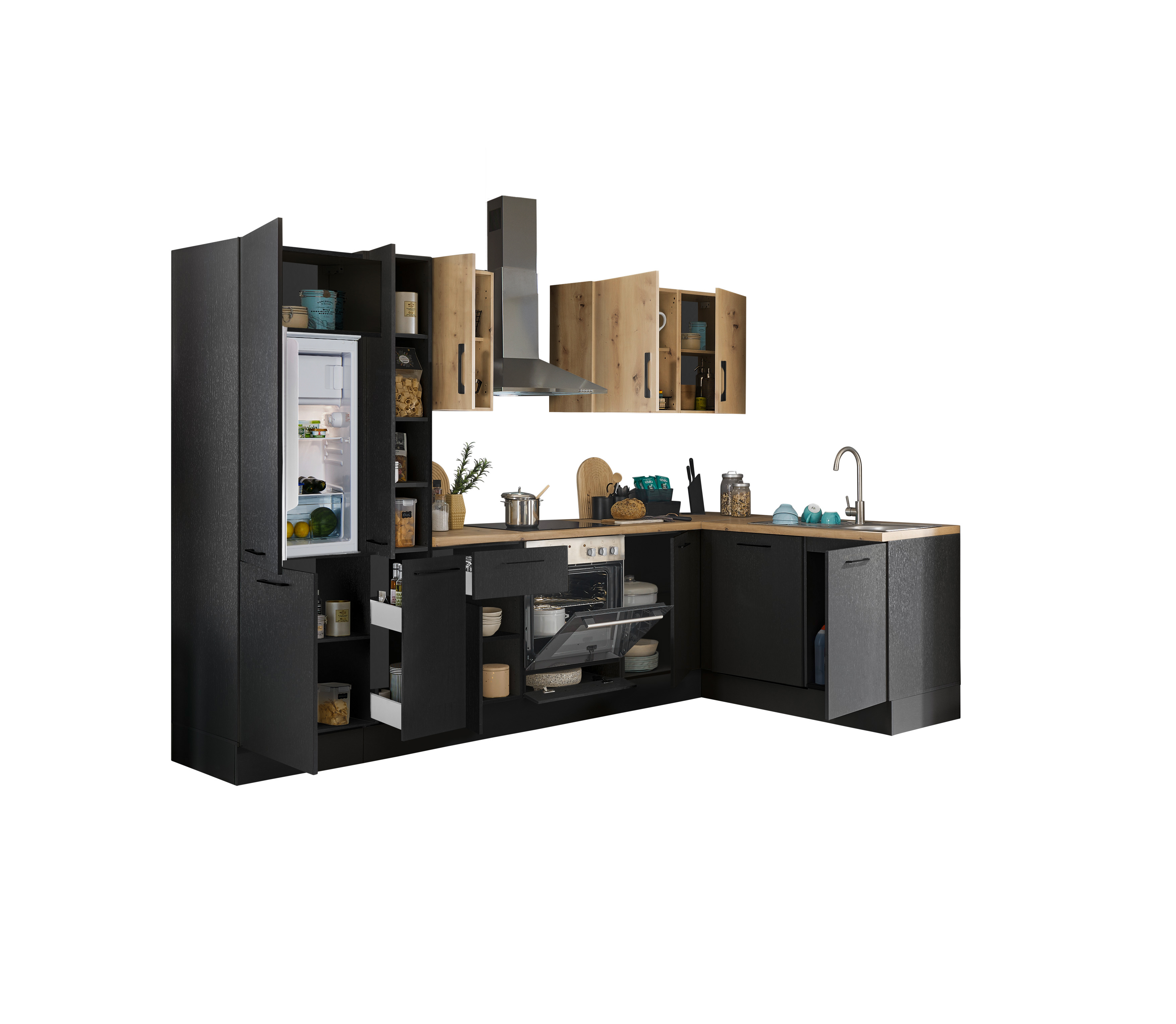 Bloc cuisine avec électroménager CORNWALL (cuisine d'angle-lave-vaisselle-réfrigérateur-armoire coulissante) III