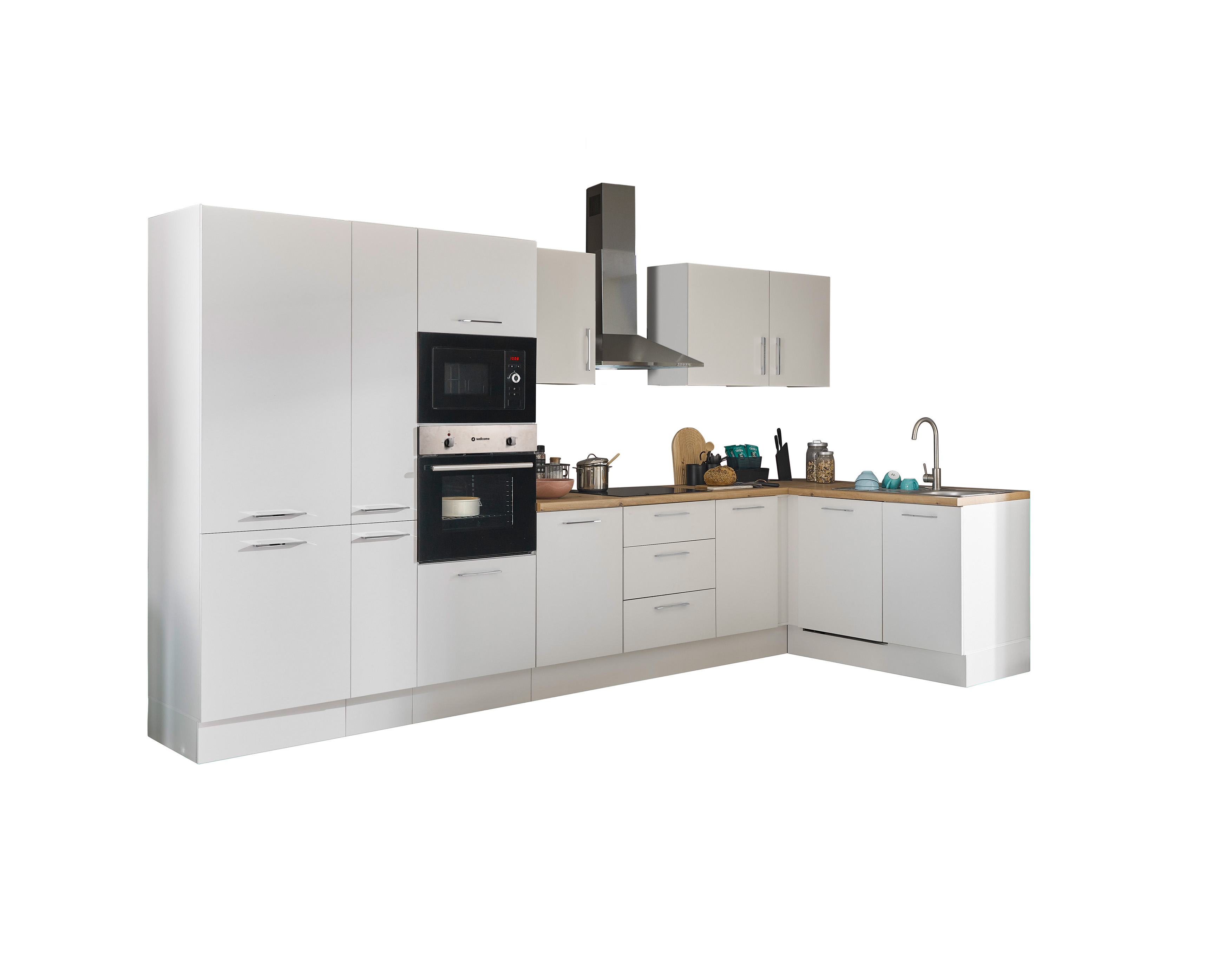 Bloc cuisine avec électroménager CORNWALL (cuisine d'angle-four-lave-vaisselle-réfrigérateur-micro-ondes-armoire coulissante) I