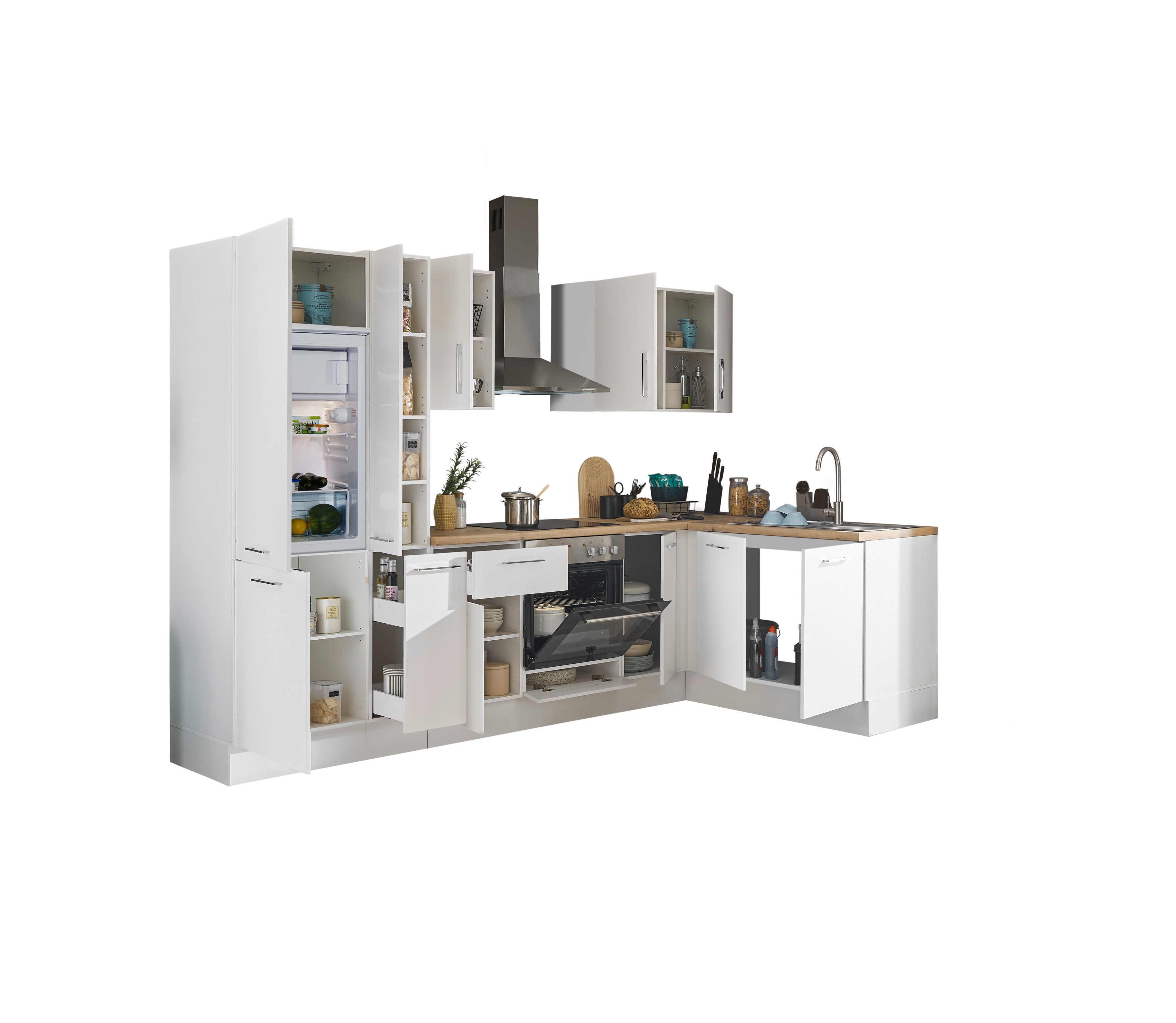 Bloc cuisine avec électroménager CORNWALL (cuisine d'angle-réfrigérateur-armoire coulissante) I