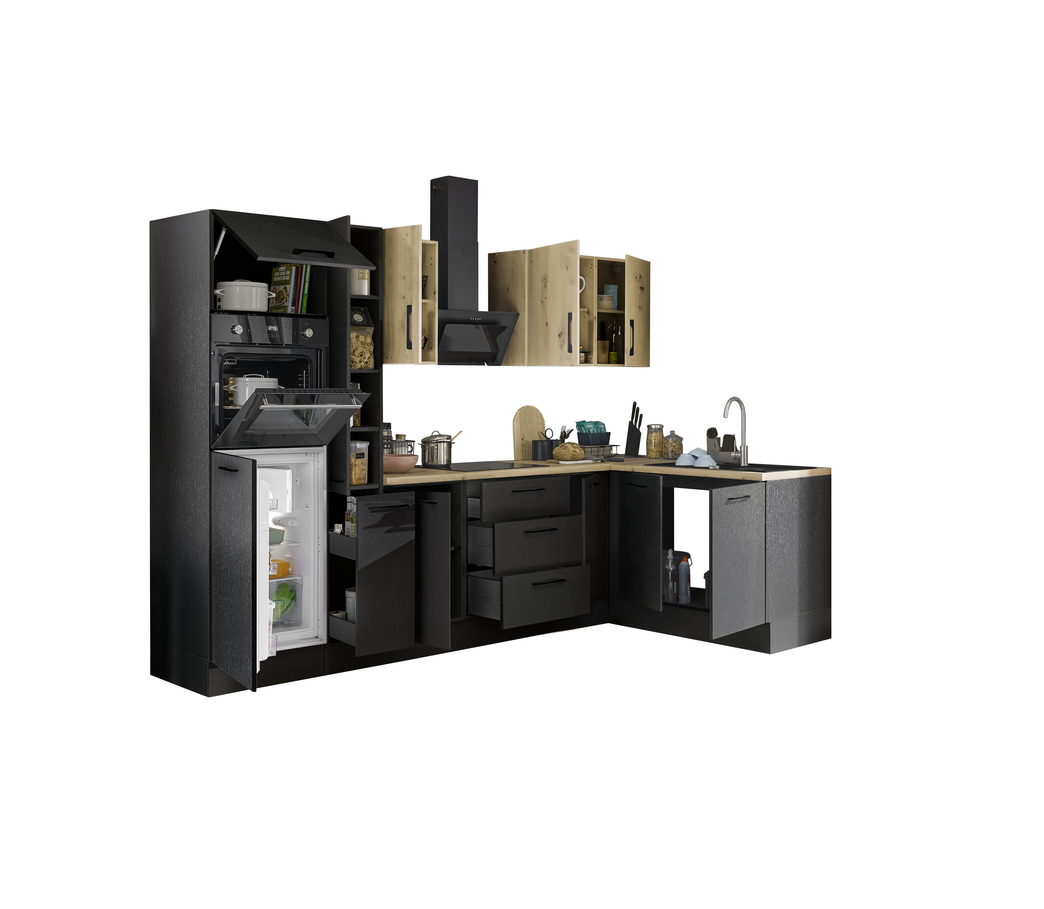 Bloc cuisine avec électroménager CORNWALL (cuisine d'angle-four-réfrigérateur-armoire coulissante) VI