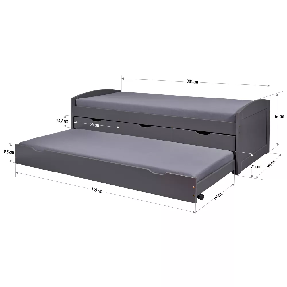 Lit gigogne avec rangement 90 x 200 cm LENA