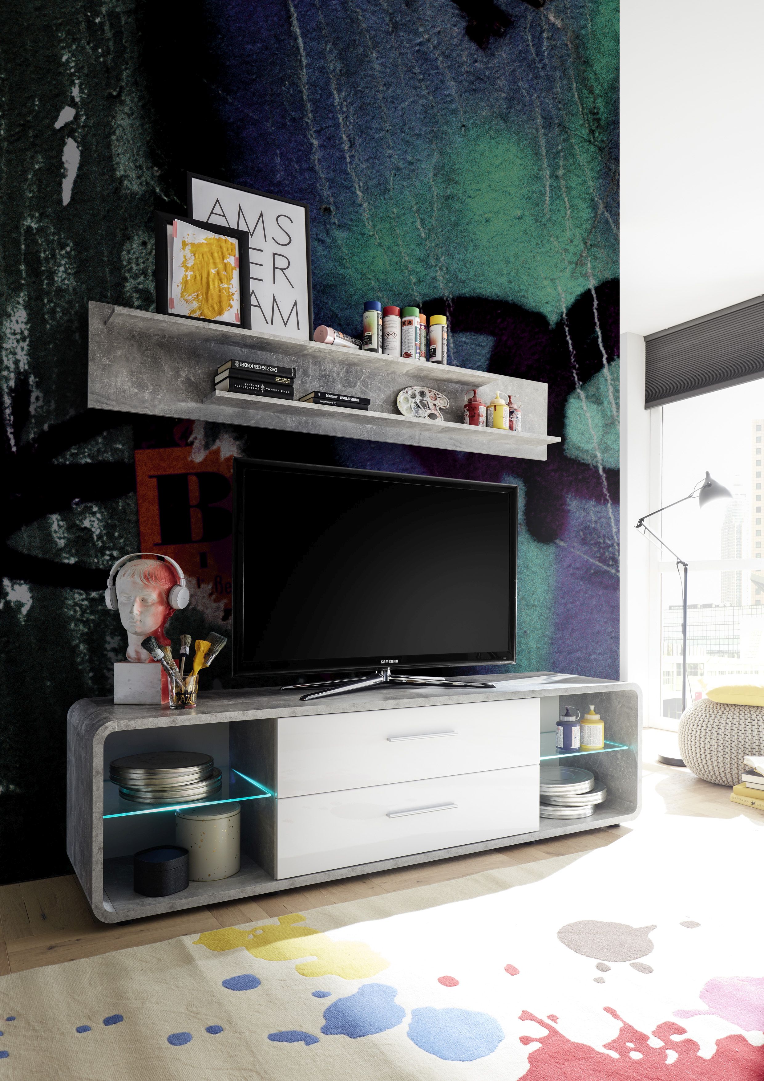 Banc TV avec étagère murale ROOF