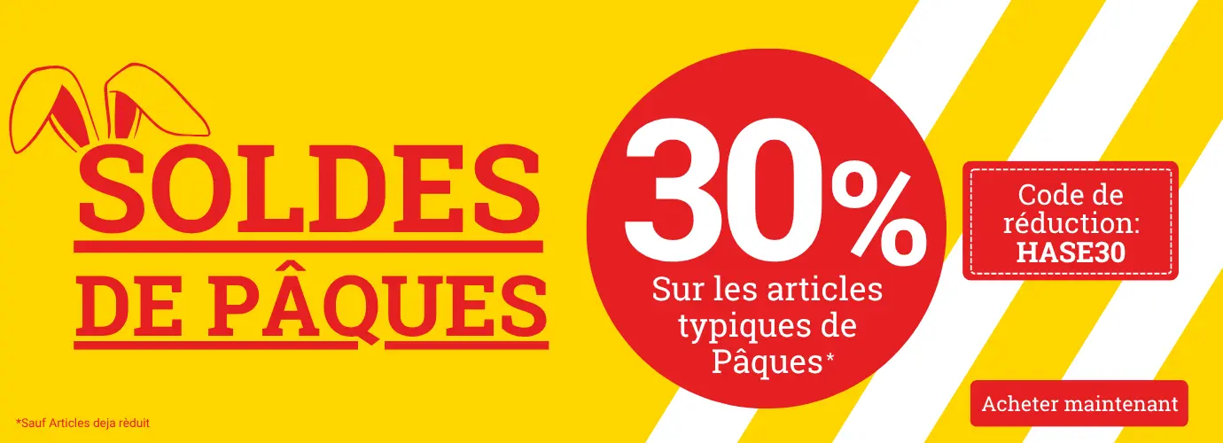 SOLDES DE PÂQUES MEGA ! Profitez dès maintenant de 30 % de réduction sur tous les articles de Pâques >