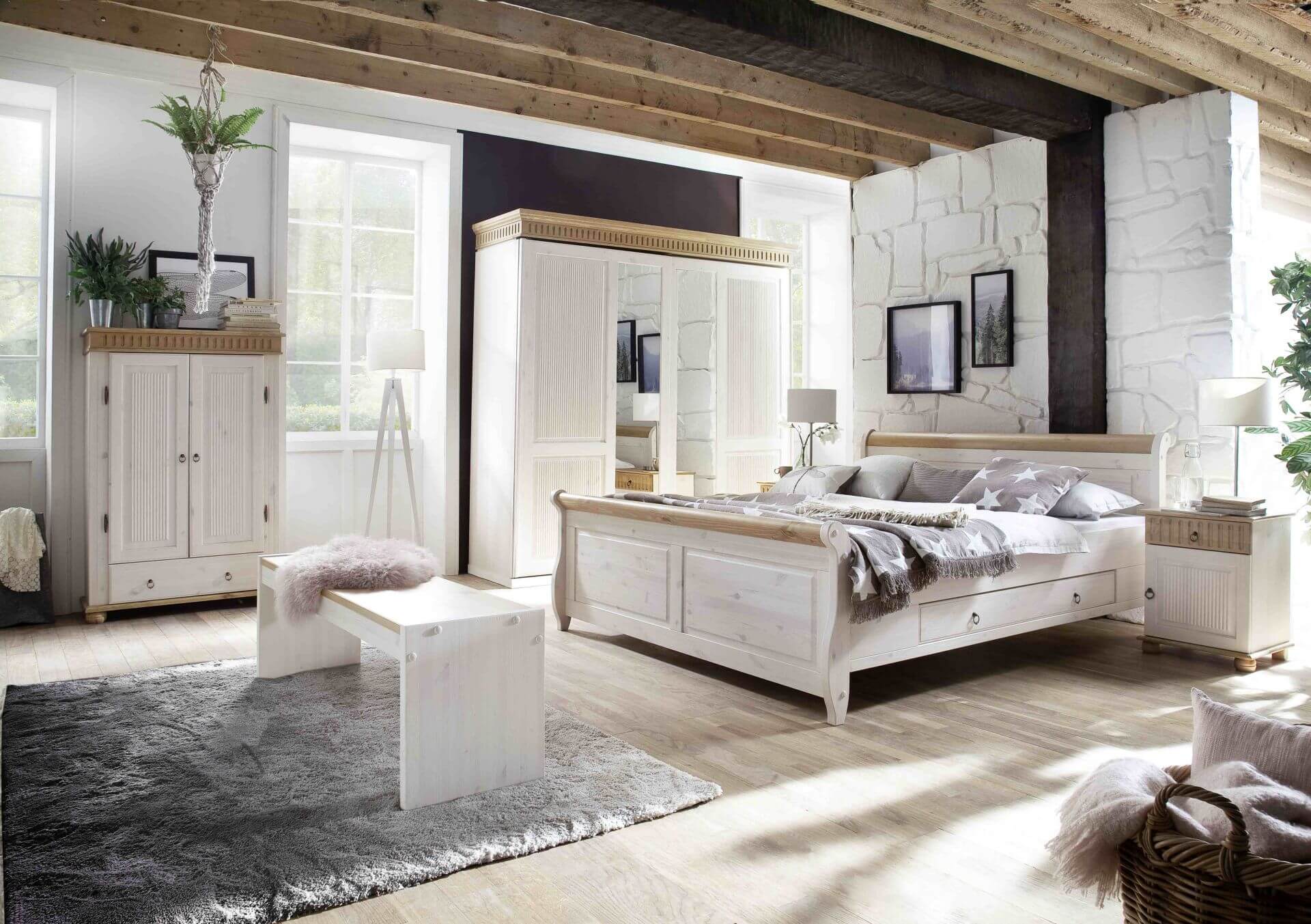 Lit 180x200cm MALTA, pin massif ton blanc / antique