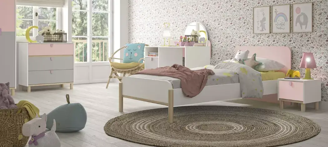 Chambre d'enfant 5 pièces LUCIA Chambre d'enfant 5 pièces LUCIA en blanc combiné avec du rose et du gris