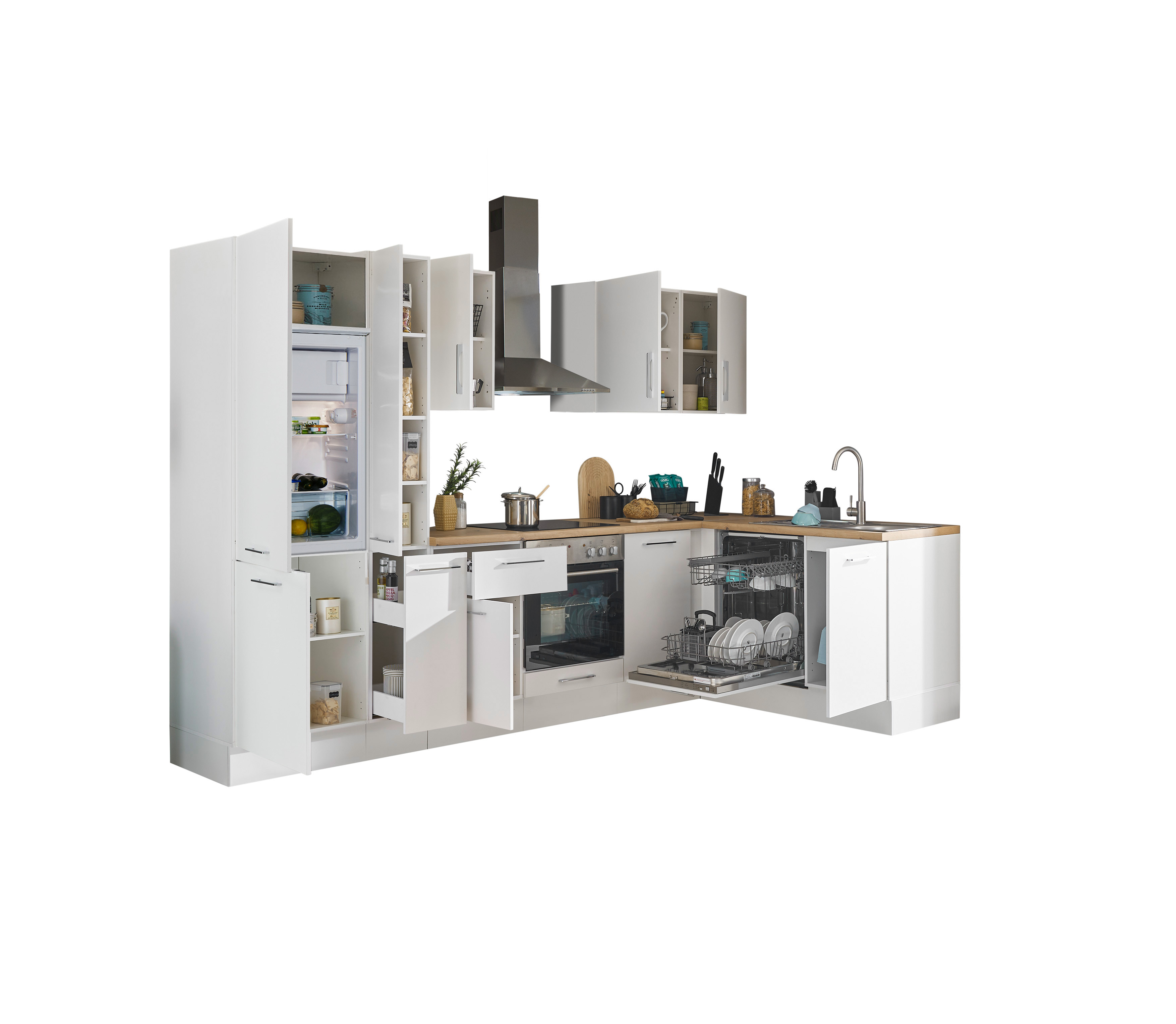 Bloc cuisine avec électroménager CORNWALL (cuisine d'angle-lave-vaisselle-réfrigérateur-armoire coulissante) I