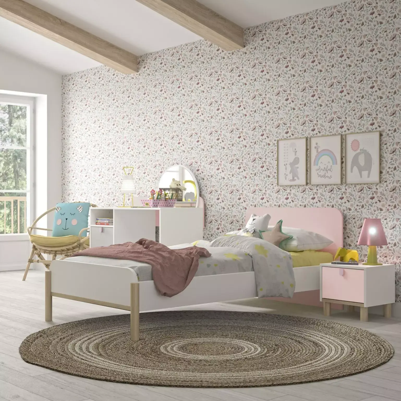 Chambre d'enfant 5 pièces LUCIA en blanc combiné avec du rose et du gris