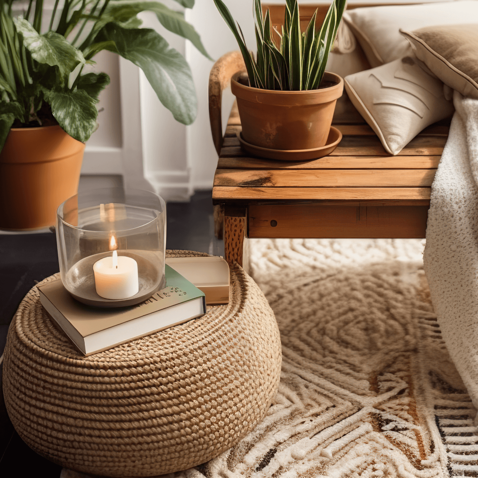 "Découvre notre déco Natural Living de style boho : naturelle, détendue et stylée. Des paniers, des plantes, des plaids, des bougies et des coussins qui créent une atmosphère chaleureuse et harmonieuse dans ton intérieur".