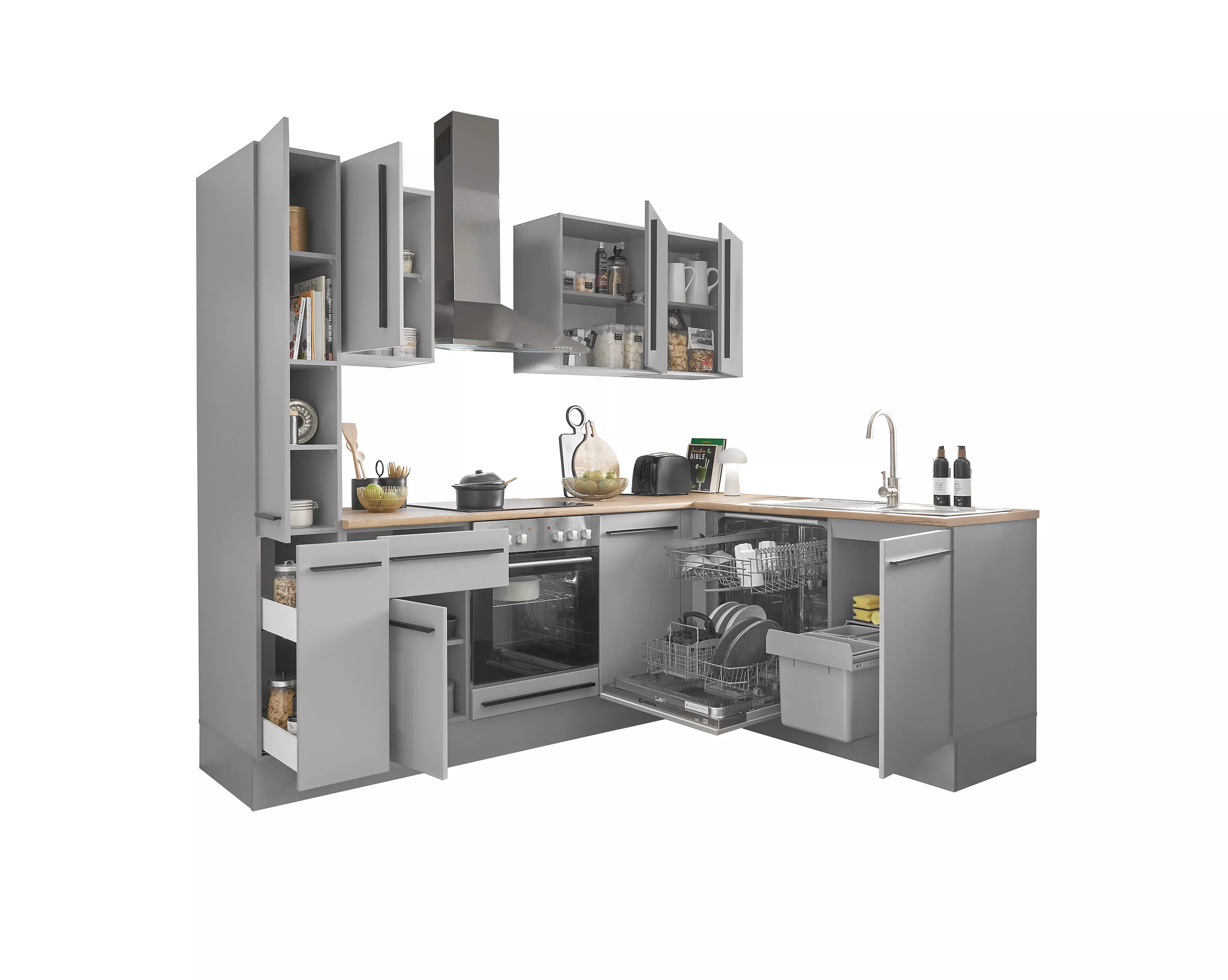 Bloc cuisine avec électroménager MANCHESTER (angle-armoire coulissante) I