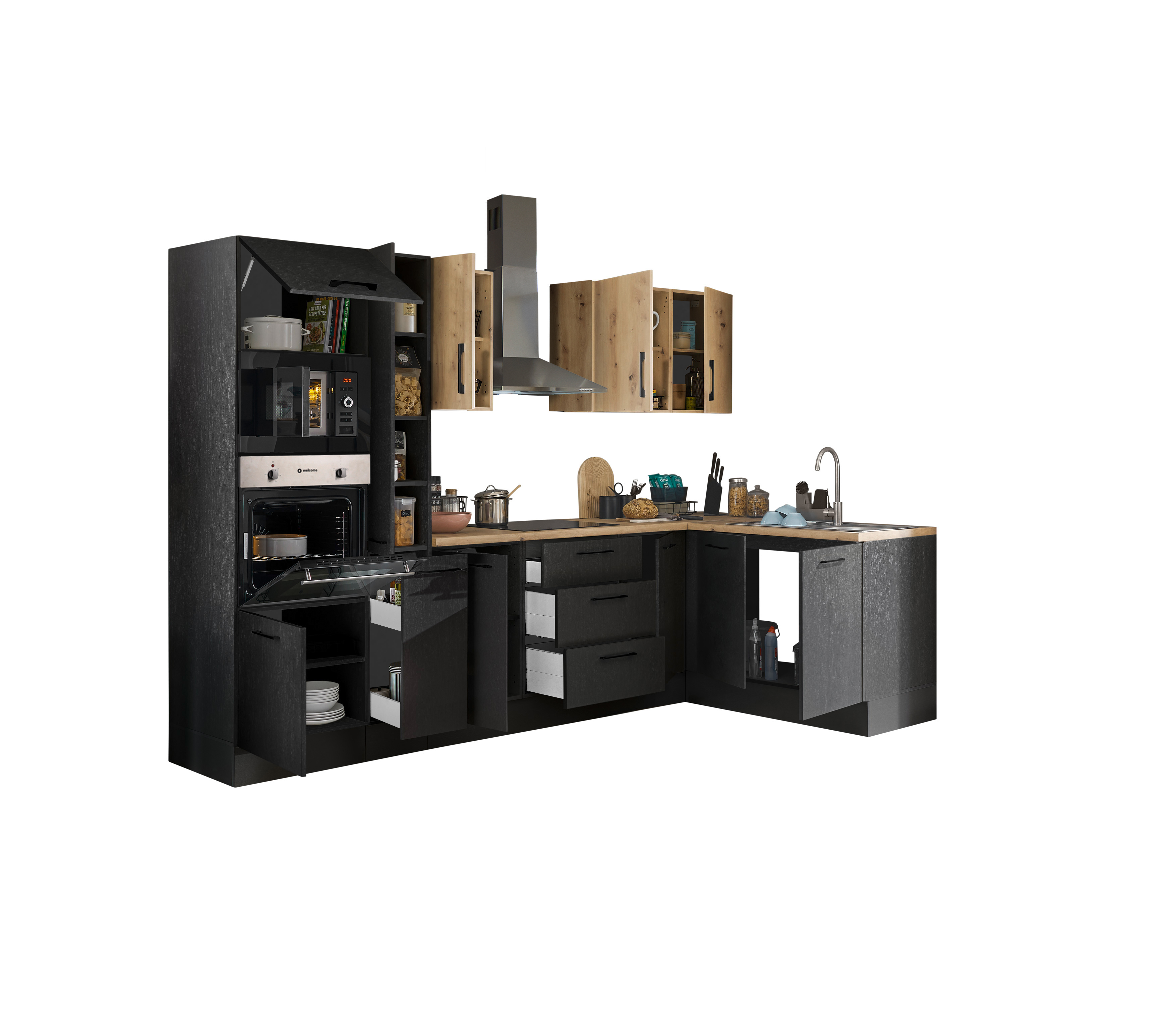 Bloc cuisine avec électroménager CORNWALL (cuisine d'angle-four-micro-ondes-armoire coulissante) III