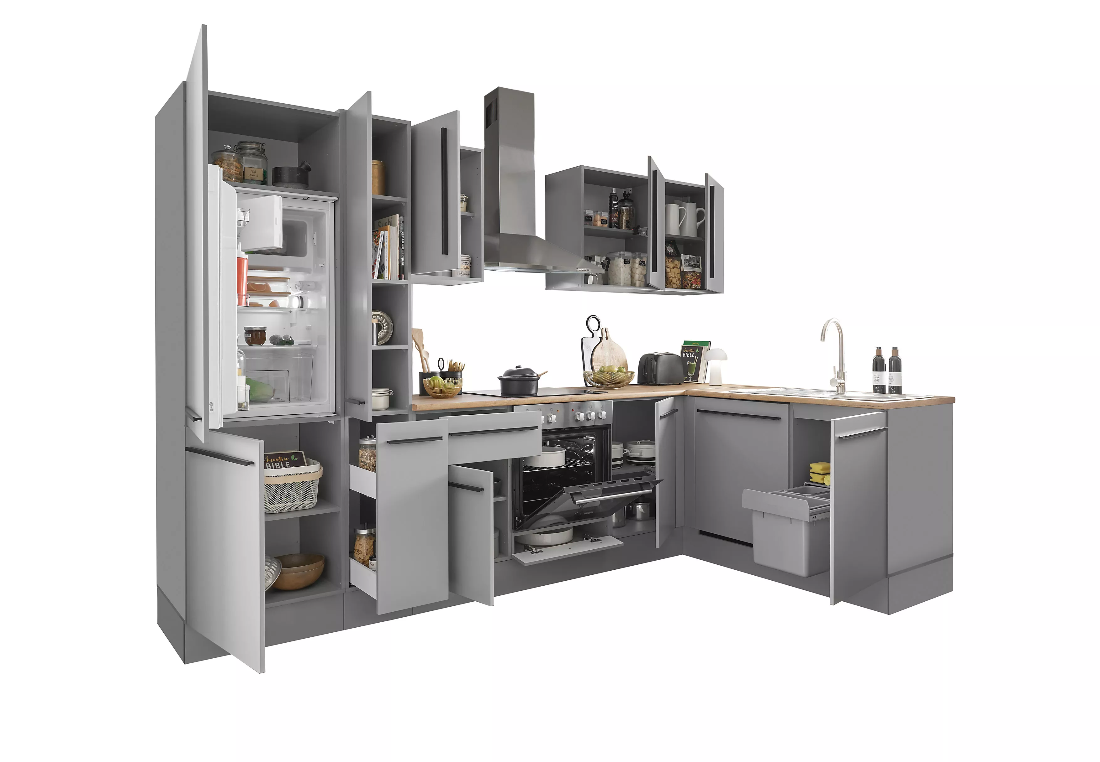 Bloc cuisine avec électroménager MANCHESTER (angle-réfrigérateur-armoire coulissante) I