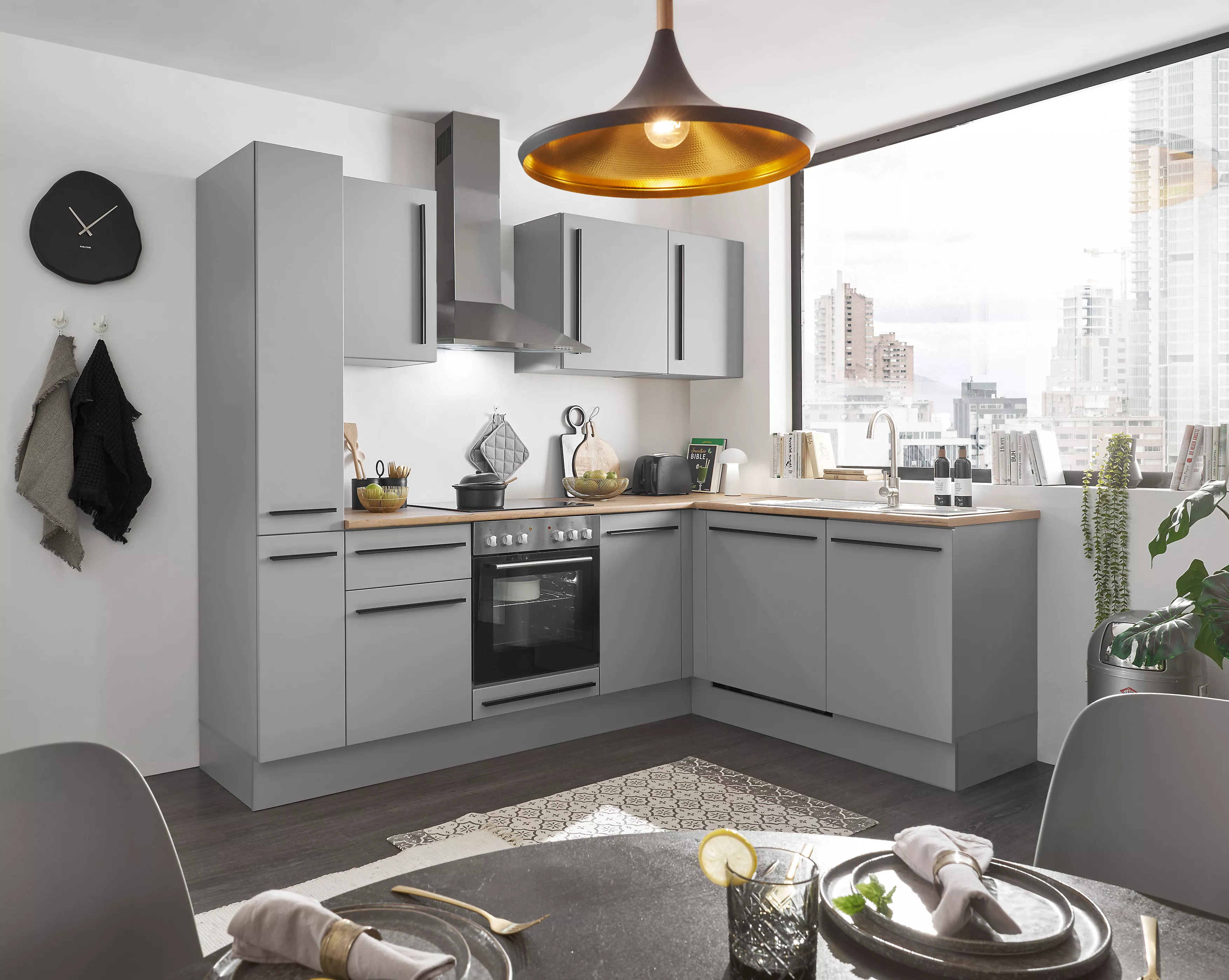 Bloc cuisine avec électroménager MANCHESTER (angle-armoire coulissante) I