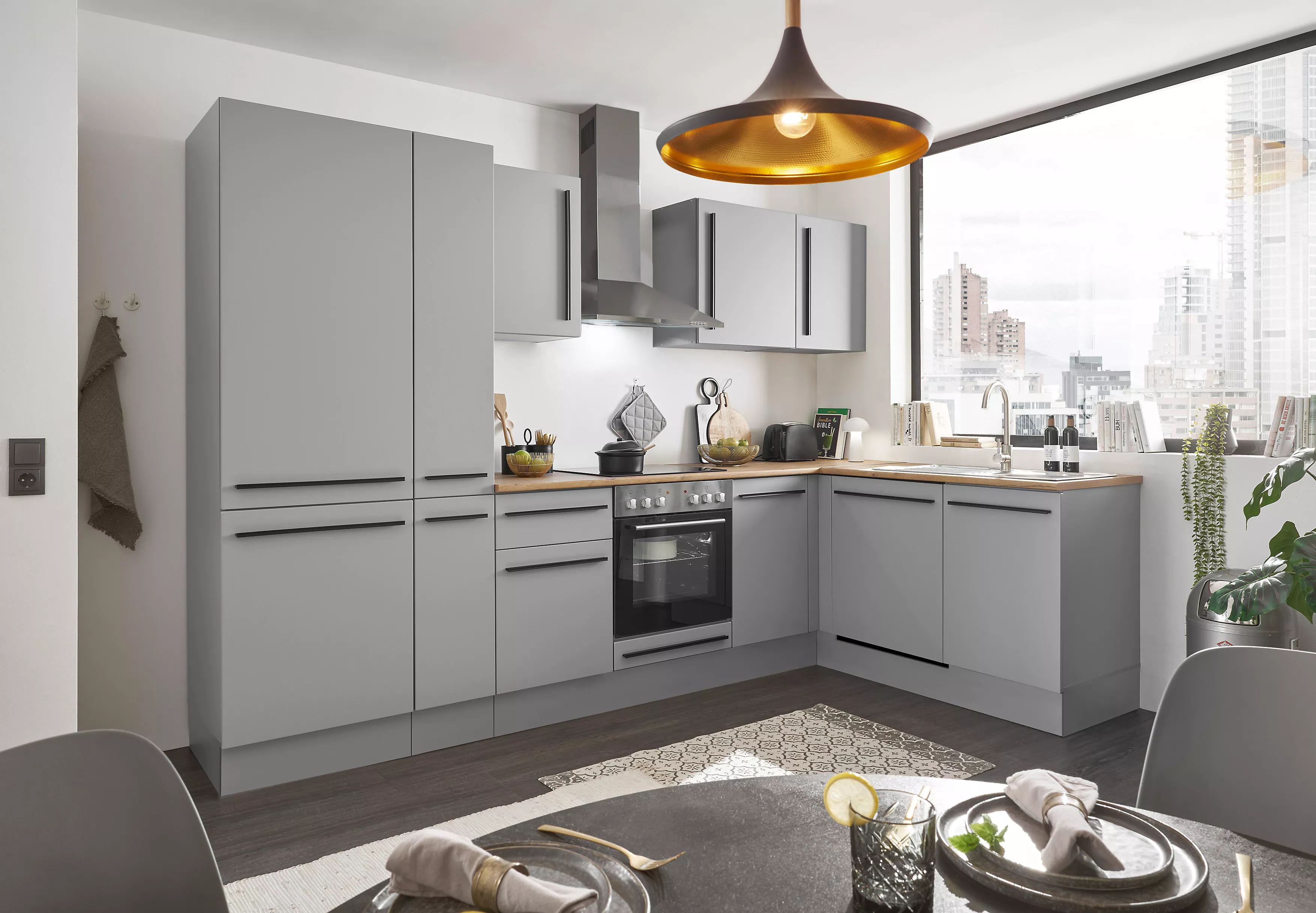Bloc cuisine avec électroménager MANCHESTER (angle-réfrigérateur-armoire coulissante) I
